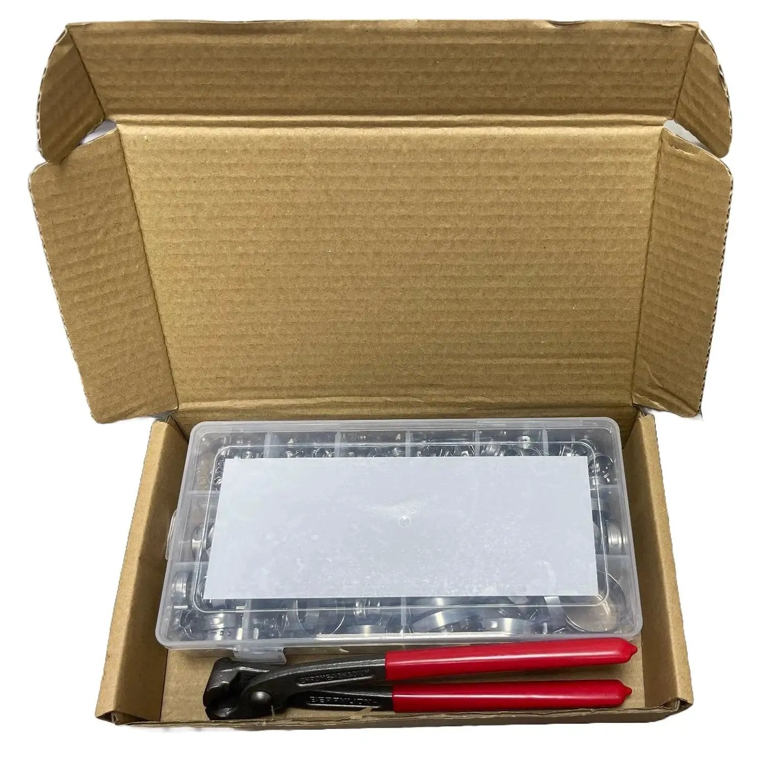 Open box showing All Purpose Hose Clamp Kit With Pincers Crimper Tool, 200 pcs, 304 stainless steel clamps, and red-handled pliers