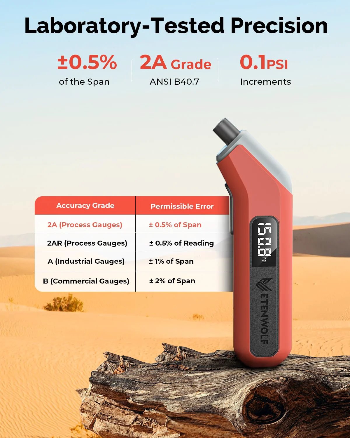 Digital Tire Gauge With Bright LED Display 200 PSI By ETENWOLF T300 Plus Vivid Orange in desert setting with accuracy table