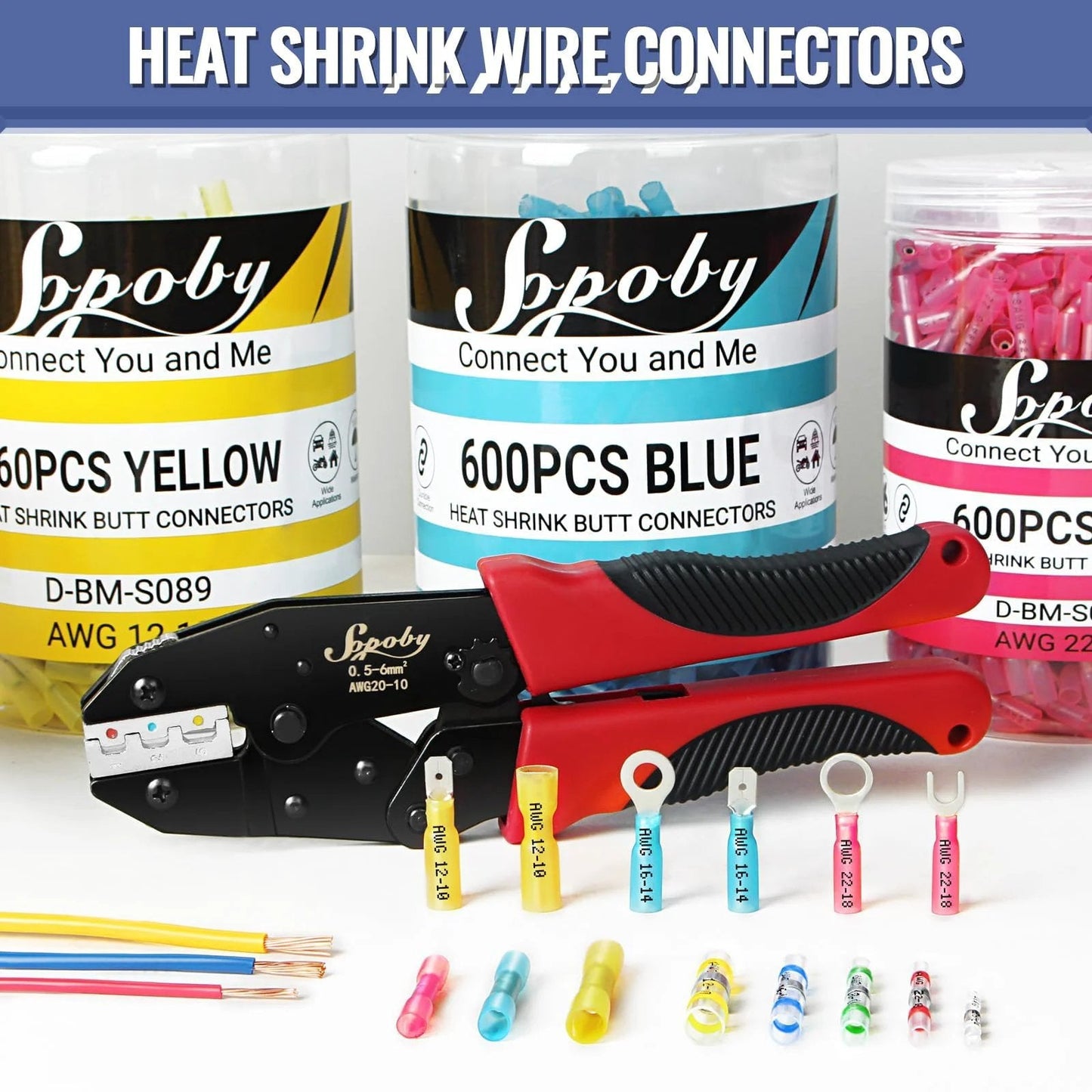 Assortment of heat shrink wire connectors with crimping tool, showcasing blue, yellow, and red connectors for diverse applications.