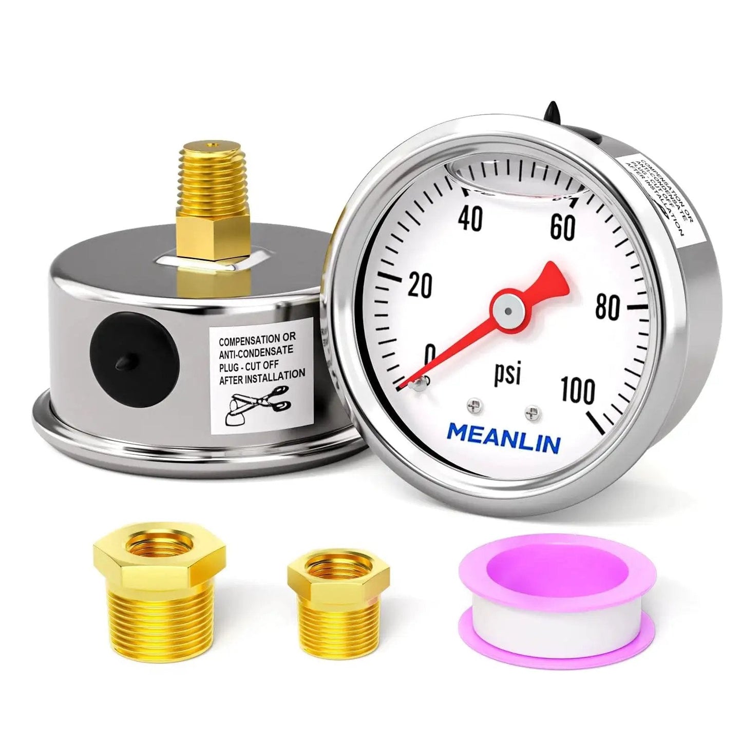 Stainless Steel Liquid Filled Pressure Gauge With 1.5 Inch Dial Face 0 To 100 Psi 1/8 Inch NPT Back Mount Glycerin Filled with bushings
