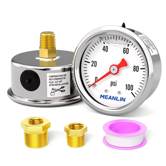 Stainless Steel Liquid Filled Pressure Gauge With 1.5 Inch Dial Face 0 To 100 Psi 1/8 Inch NPT Back Mount Glycerin Filled with bushings