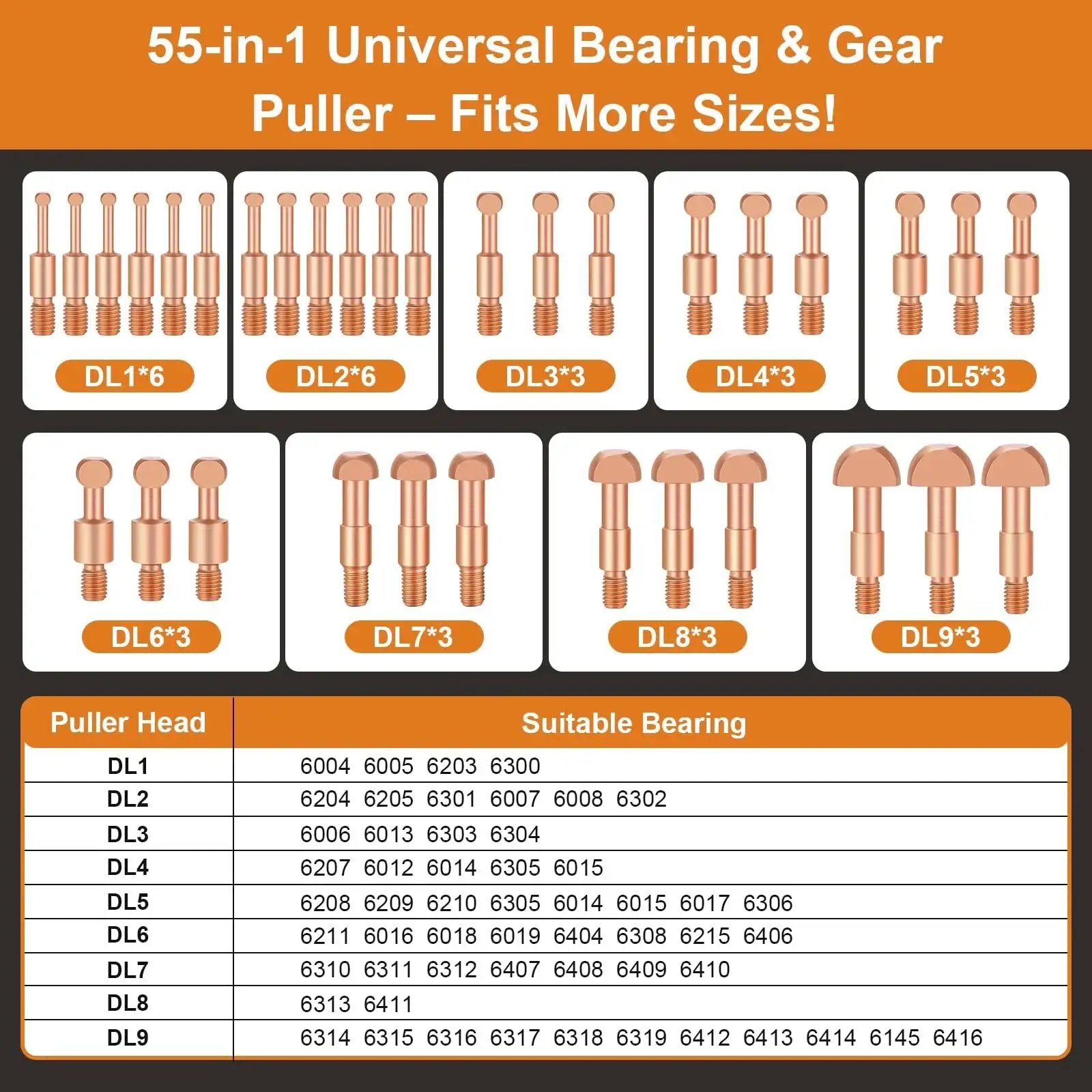 55-in-1 universal bearing puller sets and sizing chart, compatible with various bearings for automotive and industrial use