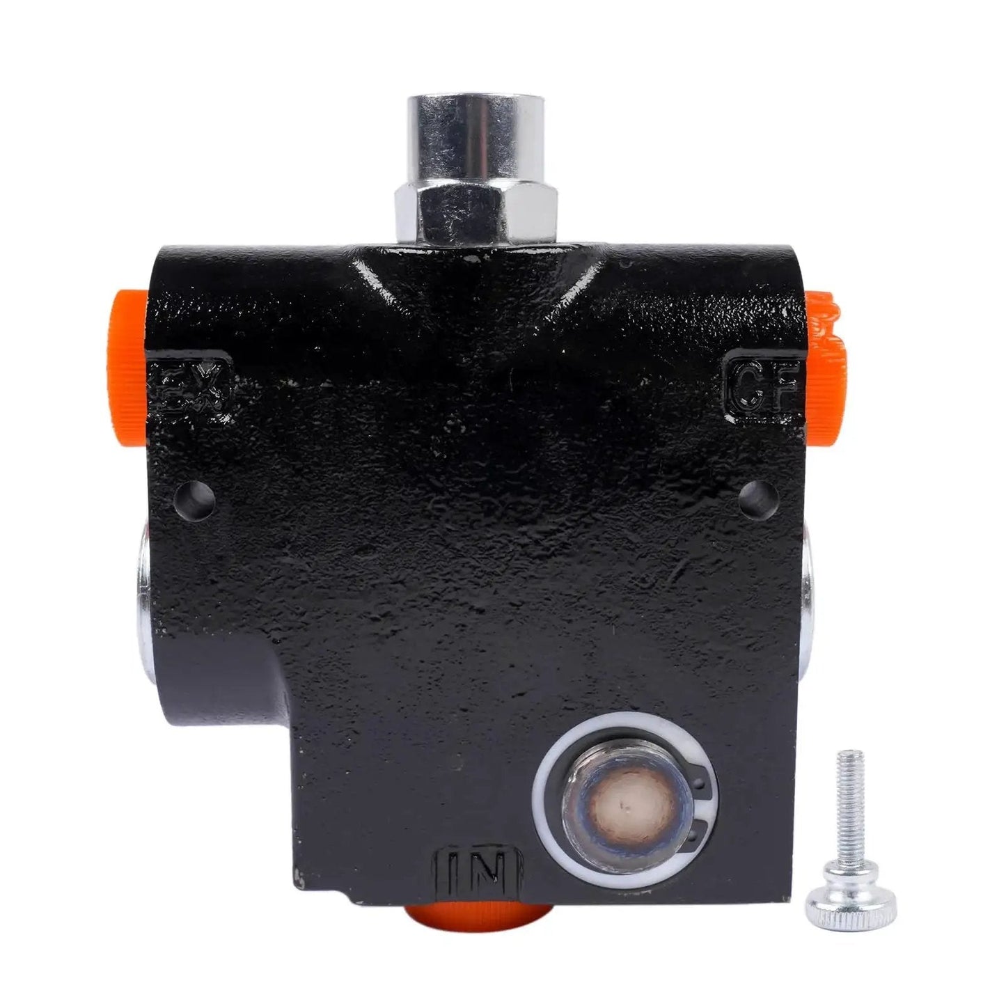 Front view of Hydraulic Adjustable Flow Control Valve With Relief For One Half Inch NPT, 30 GPM, showing orange and steel components.