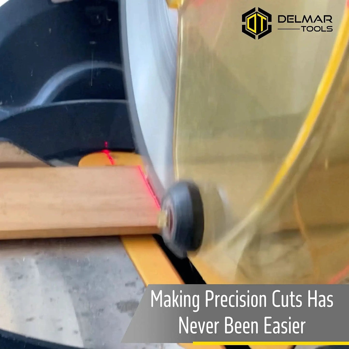 Precision Laser Guide For Miter And Portable Saws That Turns On With The Saw Delivers Ultra Bright Red Alignment Line For Clean Accurate Cuts Easy Install In Minutes Fits Most Saws With A Three Eighths Inch Arbor Delmar Tools showing red laser line on wood