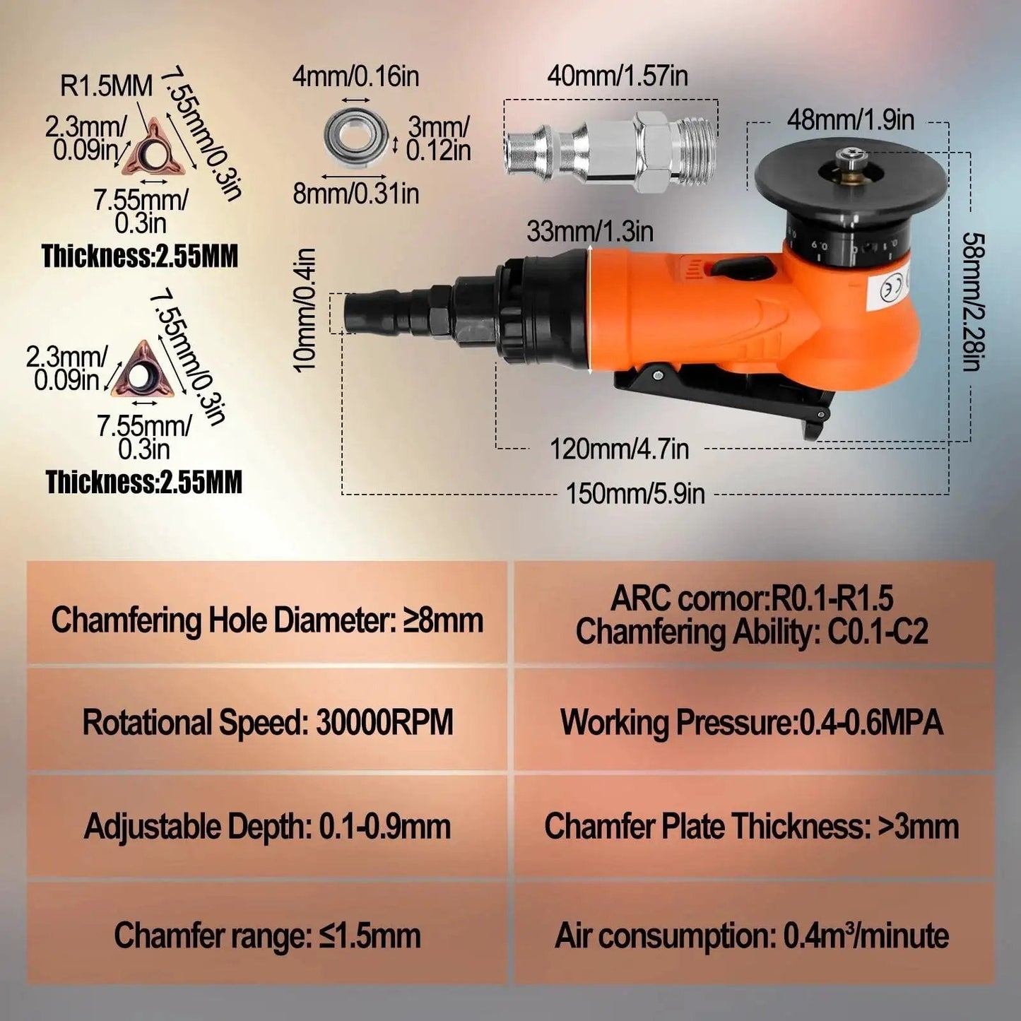2 In 1 Mini Pneumatic Chamfering Tool For Right Angles And Round Corners, 30000 RPM Handheld Beveling Deburring Machine with specifications chart, lightweight portable orange