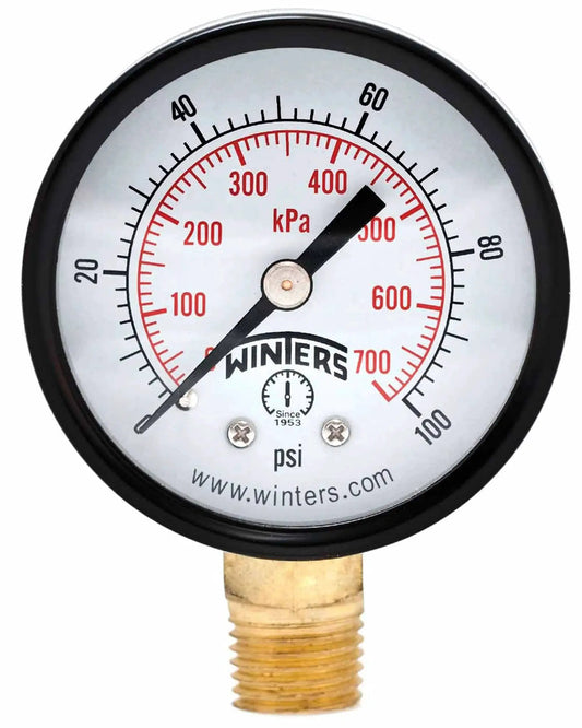 Front view of a 2 Inch Dial Dry Pressure Gauge with brass internals and black steel case, dual scale 0 to 100 psi and kPa, bottom mount NPT.