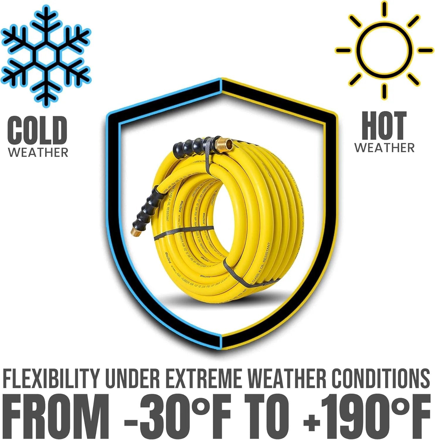 Product illustrating temperature flexibility with a coiled Next Gen Oil Resistant Air Hose Three Eighths Inch By Fifteen Feet With RMA Class A Nitrile Core And Cover Ultra Flexible And Thirty Percent Lighter For Easy Maneuverability OilShield