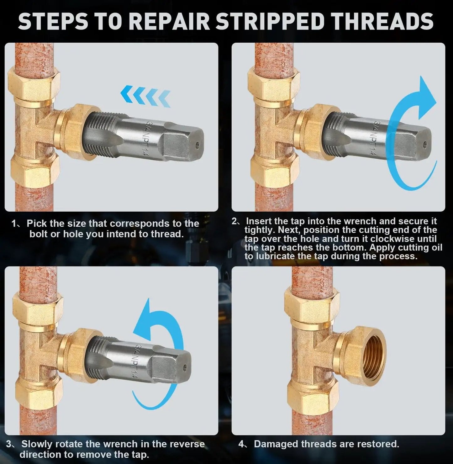 Steps showing use of Six Piece NPT Pipe Tap Set Including One Inch Three Quarters Inch One Half Inch for thread repair.