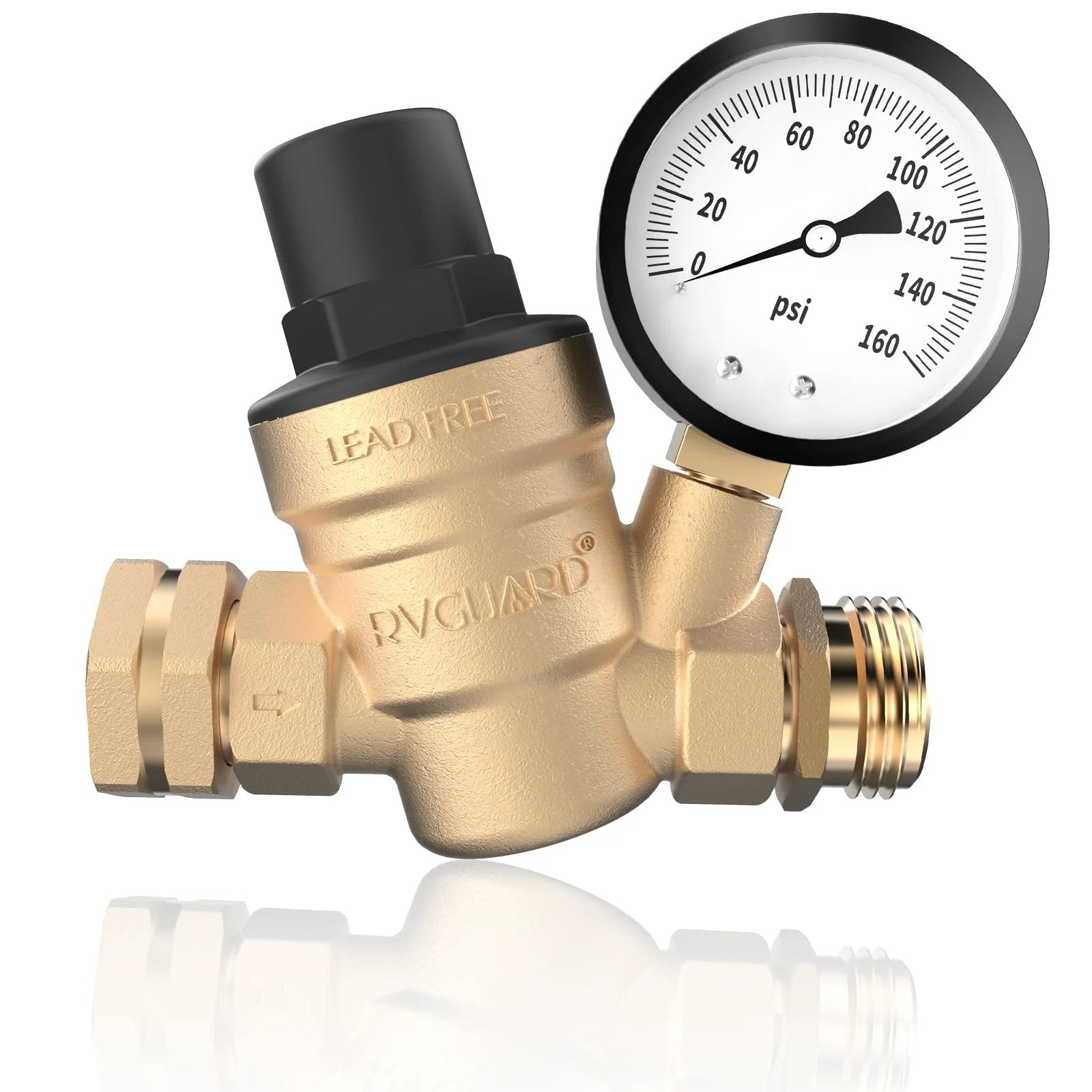Adjustable Lead Free Brass RV Water Pressure Regulator Valve With Gauge And Inlet Screen Filter For Campers And Travel Trailers Keeps Water Safe Prevents Pipe Damage Easy Install High Flow