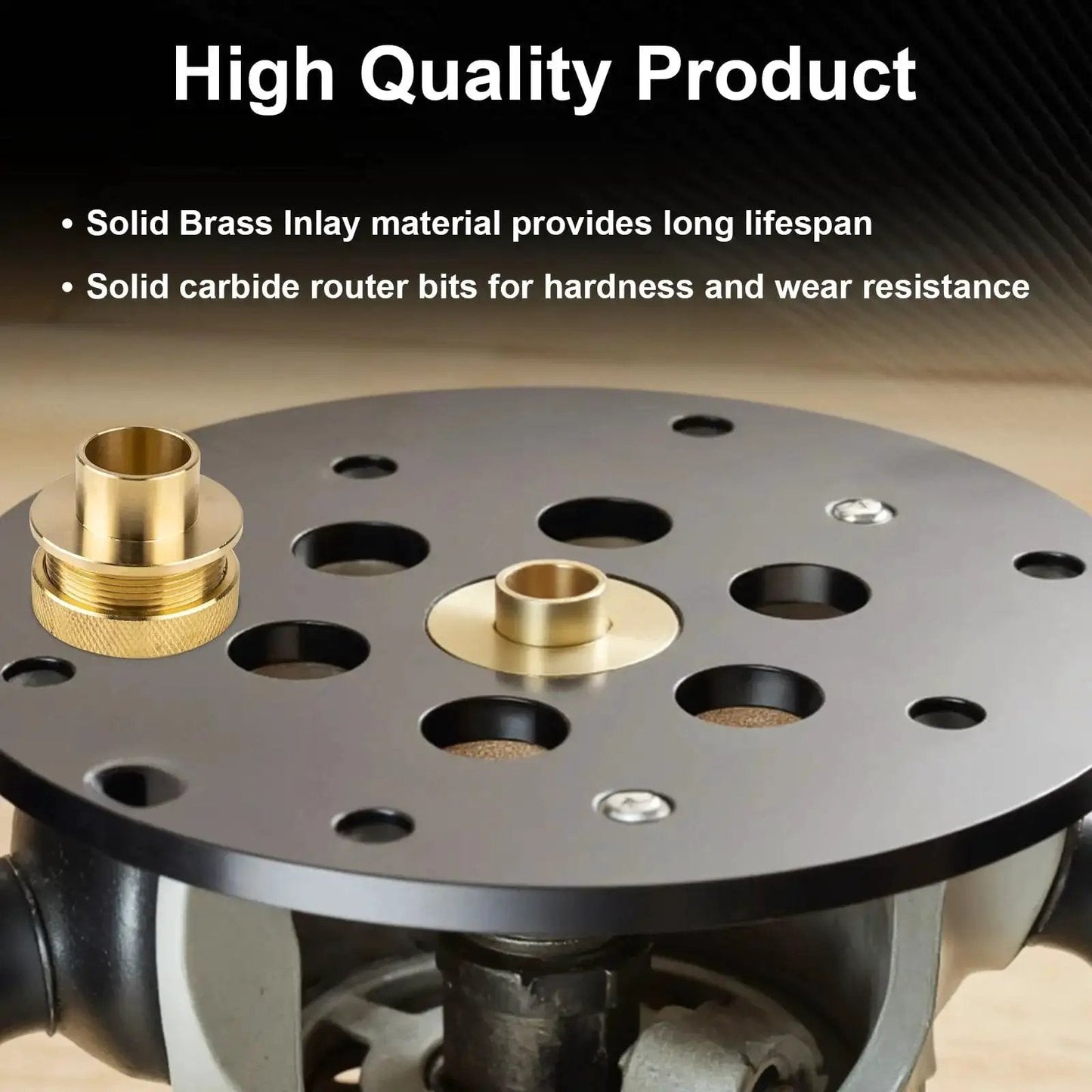11Pcs Brass Router Bushing Guide Set With Lock Nut Adapter displayed on router base for precision woodworking projects