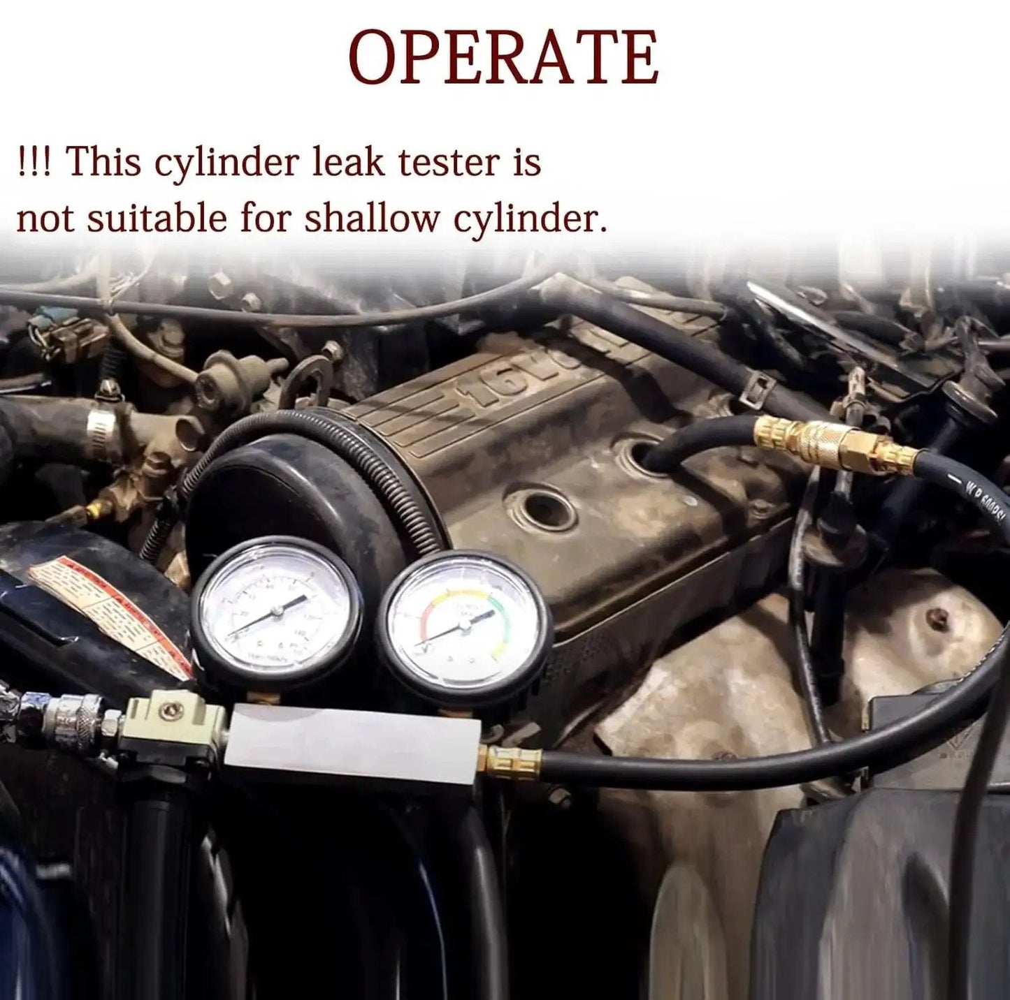 Dual Gauge Cylinder Leak Down Tester Kit Tu 21 connected to engine for diagnostics, showing gauge readings in automotive setting.