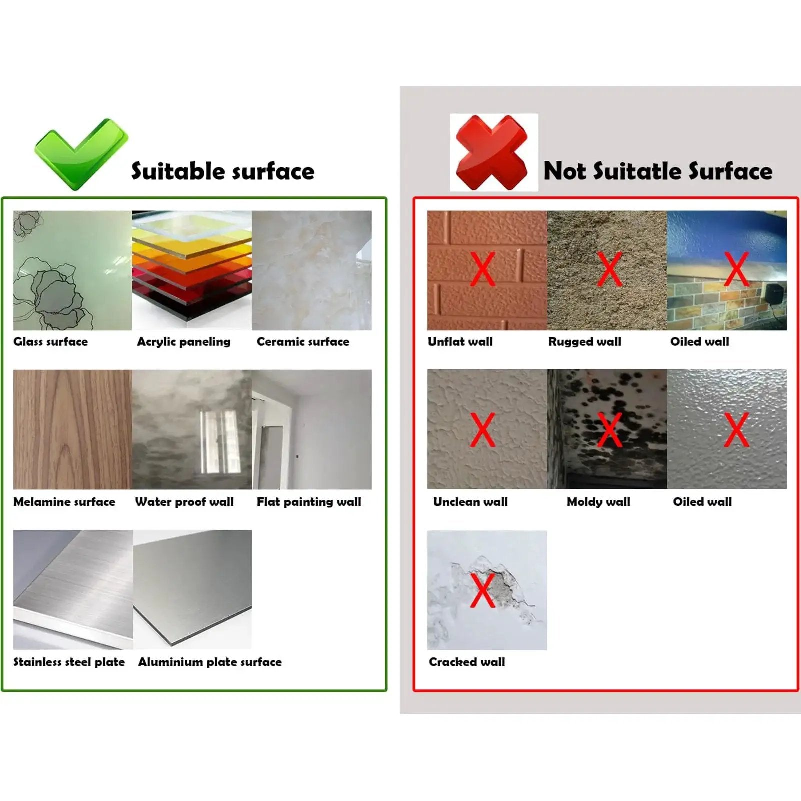 Comparison chart showing suitable surfaces for Double-Sided Mounting Tape 10 Ft Removable Adhesive Foam Tape Transparent and unsuitable surfaces.