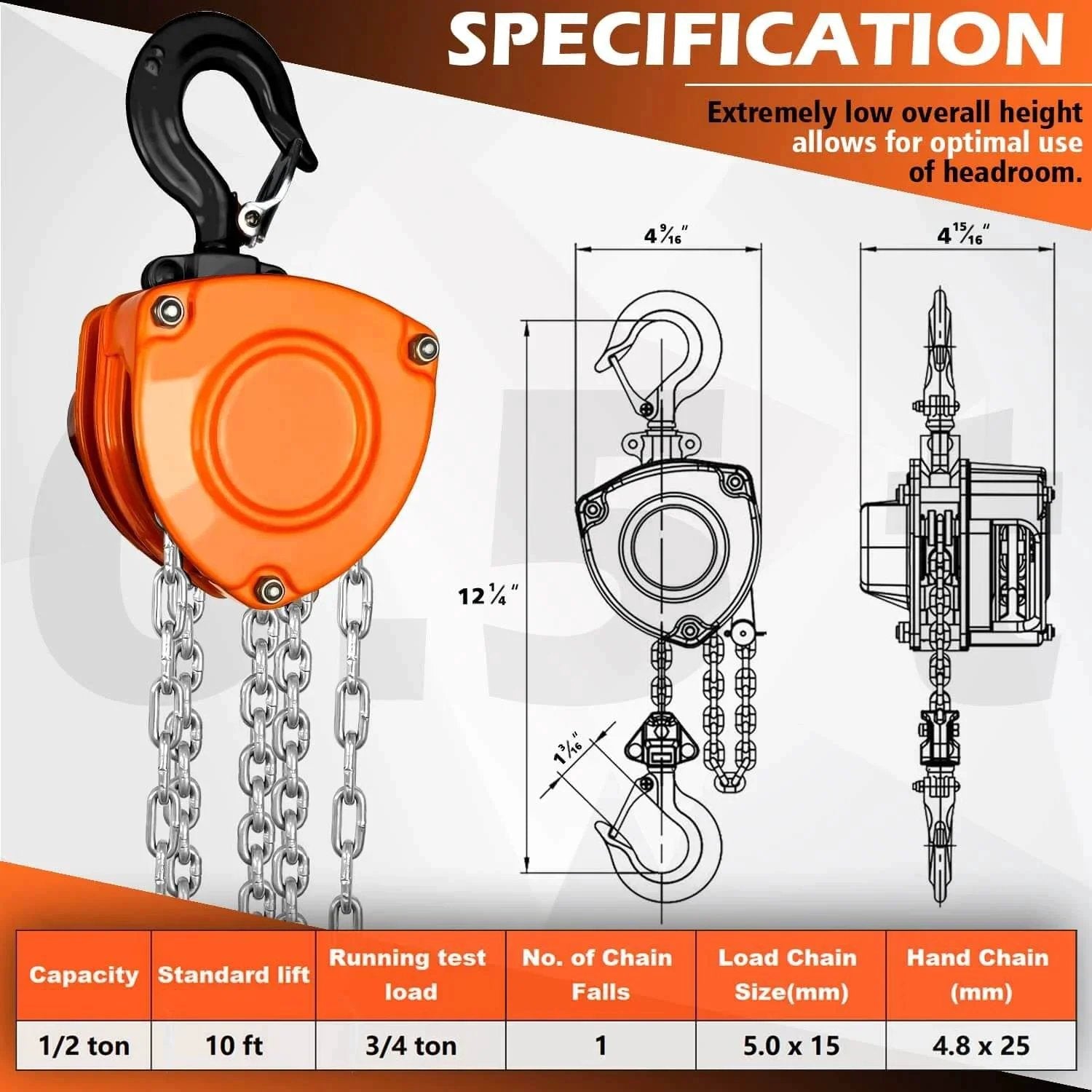 Half Ton Manual Chain Hoist With 10 Ft Lift And 1100 Lb Capacity Dual Hooks Industrial Grade Specifications Diagram