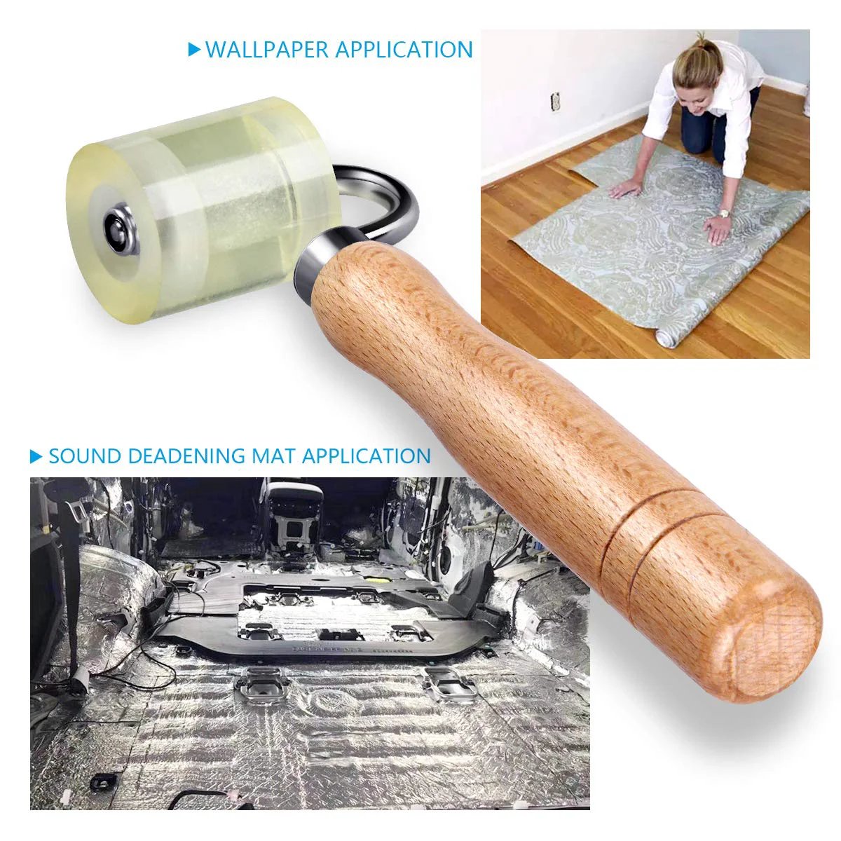 Auto Sound Deadening Seam Roller For Car Audio Mats And Heat Abatement, Durable PU Roller With Wooden Handle And Riveted Steel Bracket