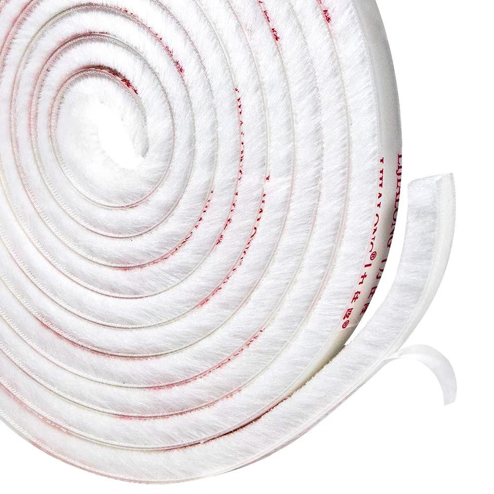 Close-up of rolled Fuzzy Brush Weatherstripping For Windows And Doors, Self Adhesive Felt Seal, 0.34375 Inch By 0.34375 Inch, 16 Ft Long