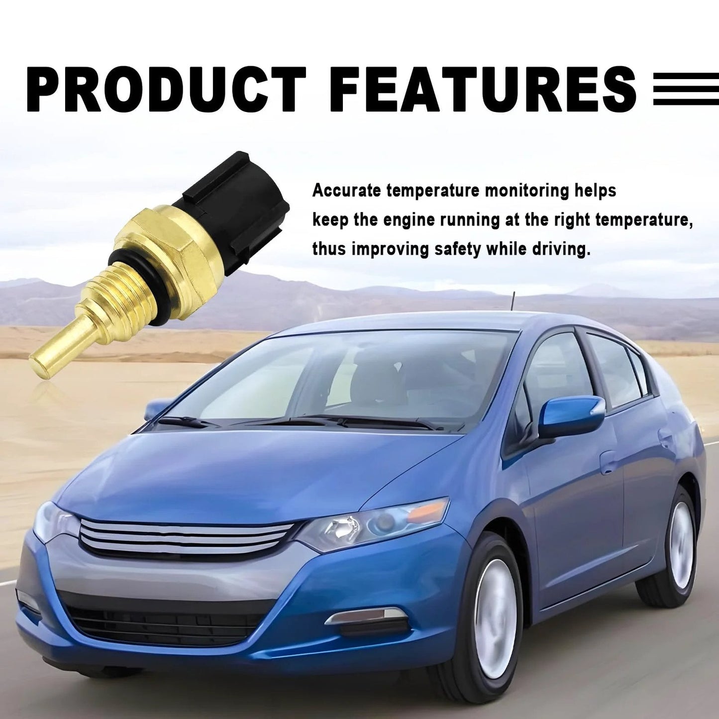 Engine Coolant Temperature Sensor Replacement For Honda Civic Del Sol Insight CRV CRX Accord Odyssey Pilot Isuzu Oasis Acura MDX NSX Integra TL RL And More By SYudwen in front view with a car in the background.