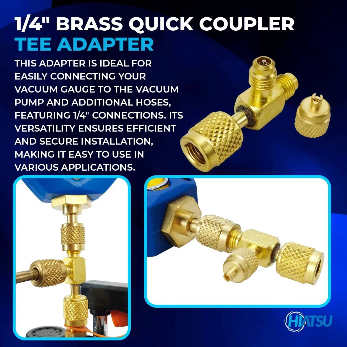1/4 inch brass quick coupler tee adapter for vacuum gauge, featuring 1/4 inch connections for efficient installations.