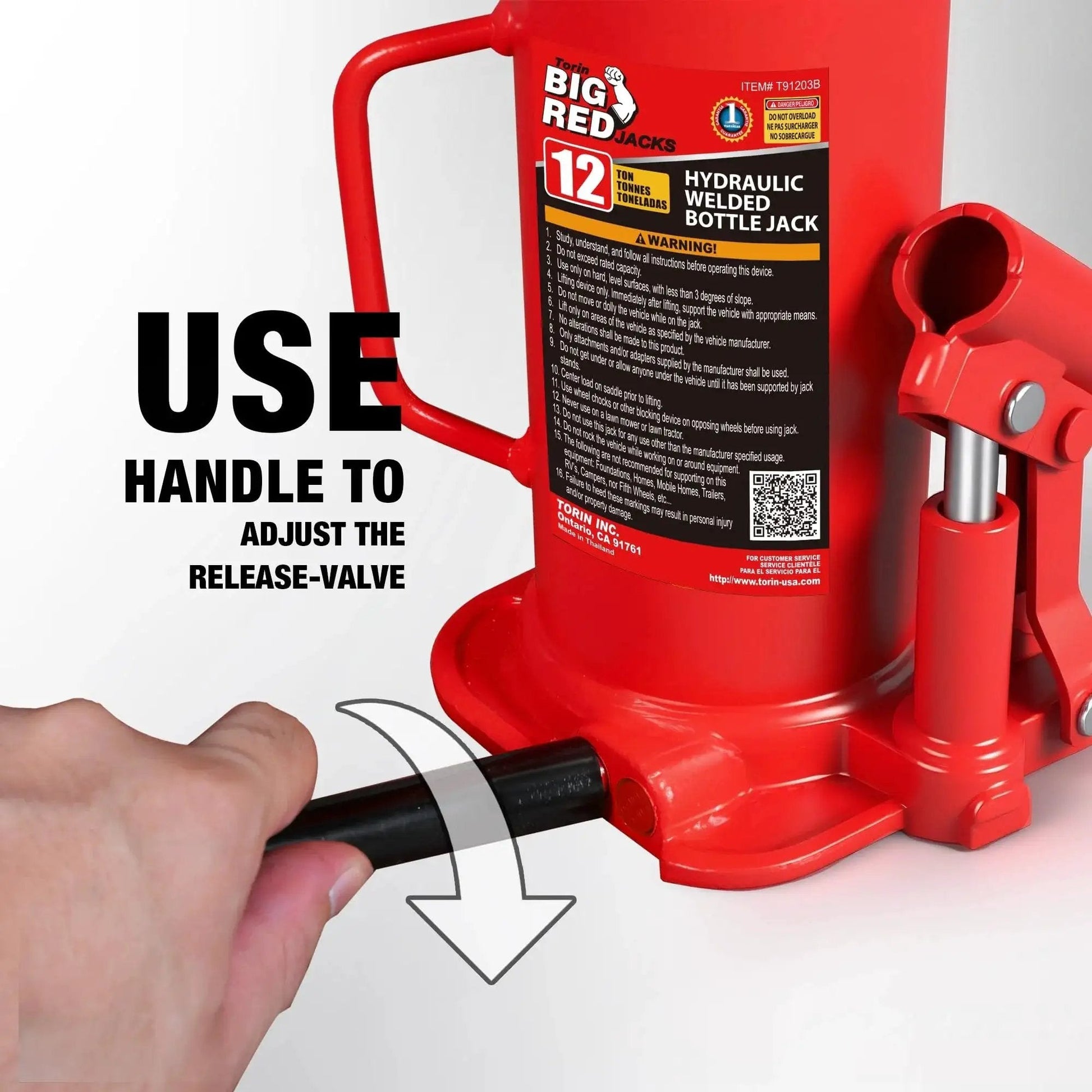 Close-up of 12 Ton Hydraulic Bottle Jack With 9 To 18 Inch Lift And Serrated Saddle showing handle adjustment for release valve.