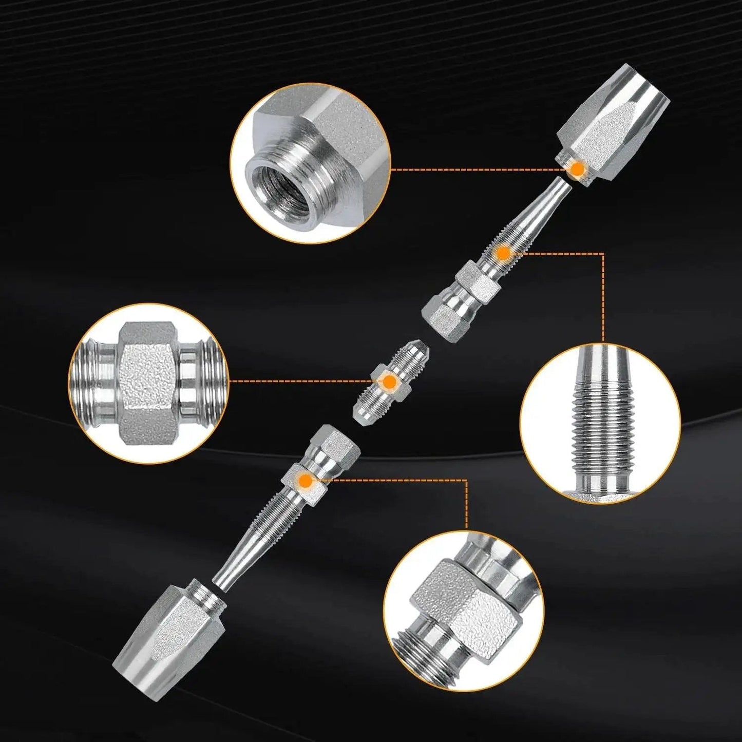 Three Pack Reusable Hydraulic Hose Field Repair Kit For On Site Emergency Fix Of One Quarter Inch, Three Eighths Inch And One Half Inch Inner Diameters, Four Thousand PSI Rating, Compatible With R2 R16 R17 R19 Two Wire Hydraulic Hoses, Keeps Machinery. Image shows kit components.