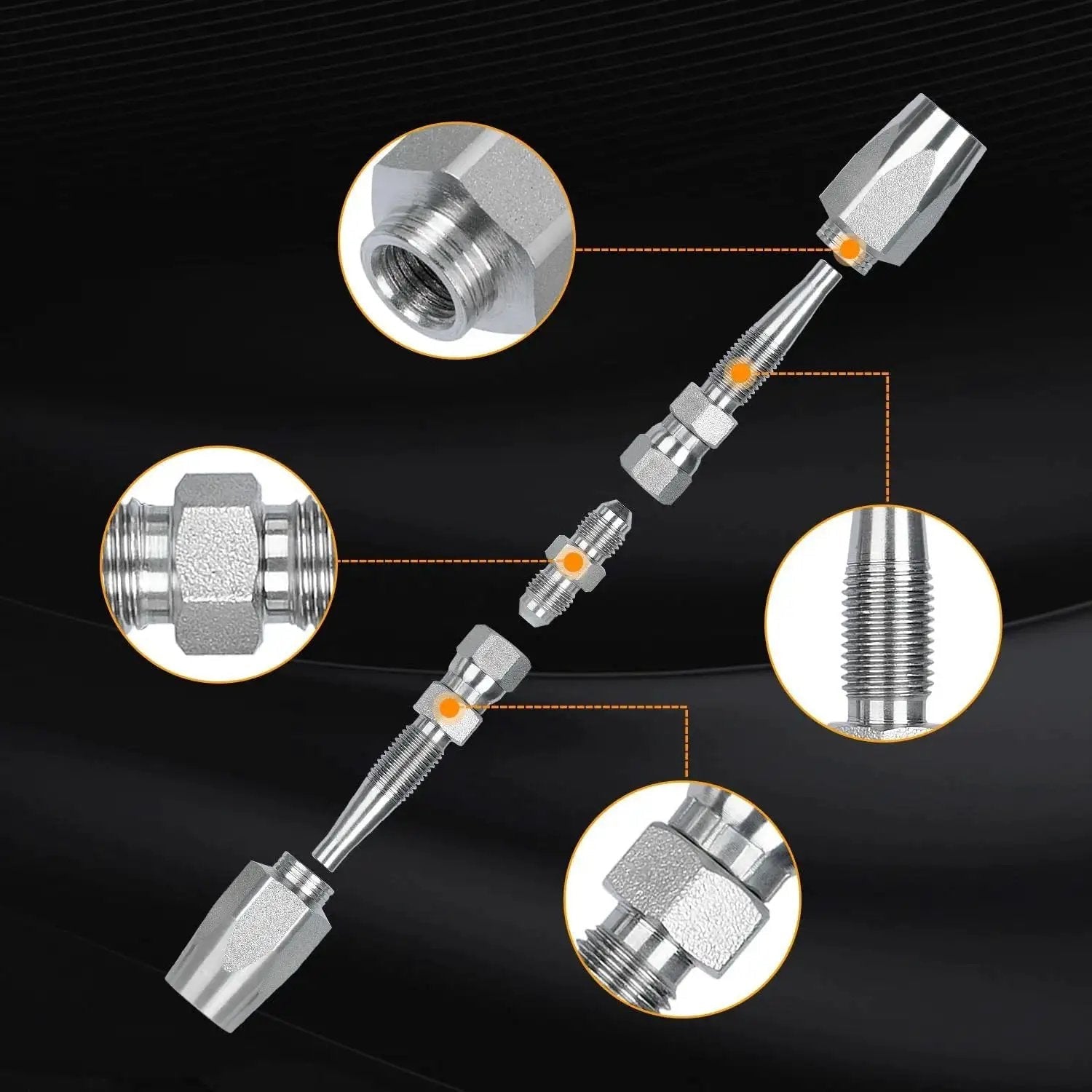 Three Pack Reusable Hydraulic Hose Field Repair Kit For On Site Emergency Fix Of One Quarter Inch, Three Eighths Inch And One Half Inch Inner Diameters, Four Thousand PSI Rating, Compatible With R2 R16 R17 R19 Two Wire Hydraulic Hoses, Keeps Machinery. Image shows kit components.