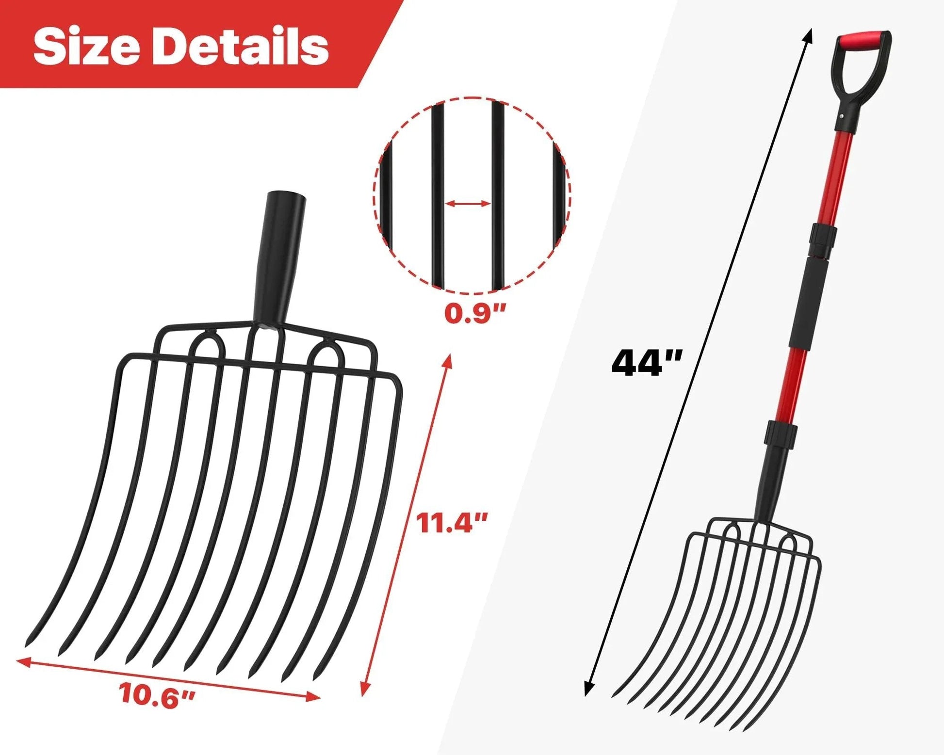 Wide 10 Tine Garden Pitch Fork With Carbon Steel Tines And Fiberglass Handle 44 Inch Red Heavy Duty Pitch Fork shown with size details