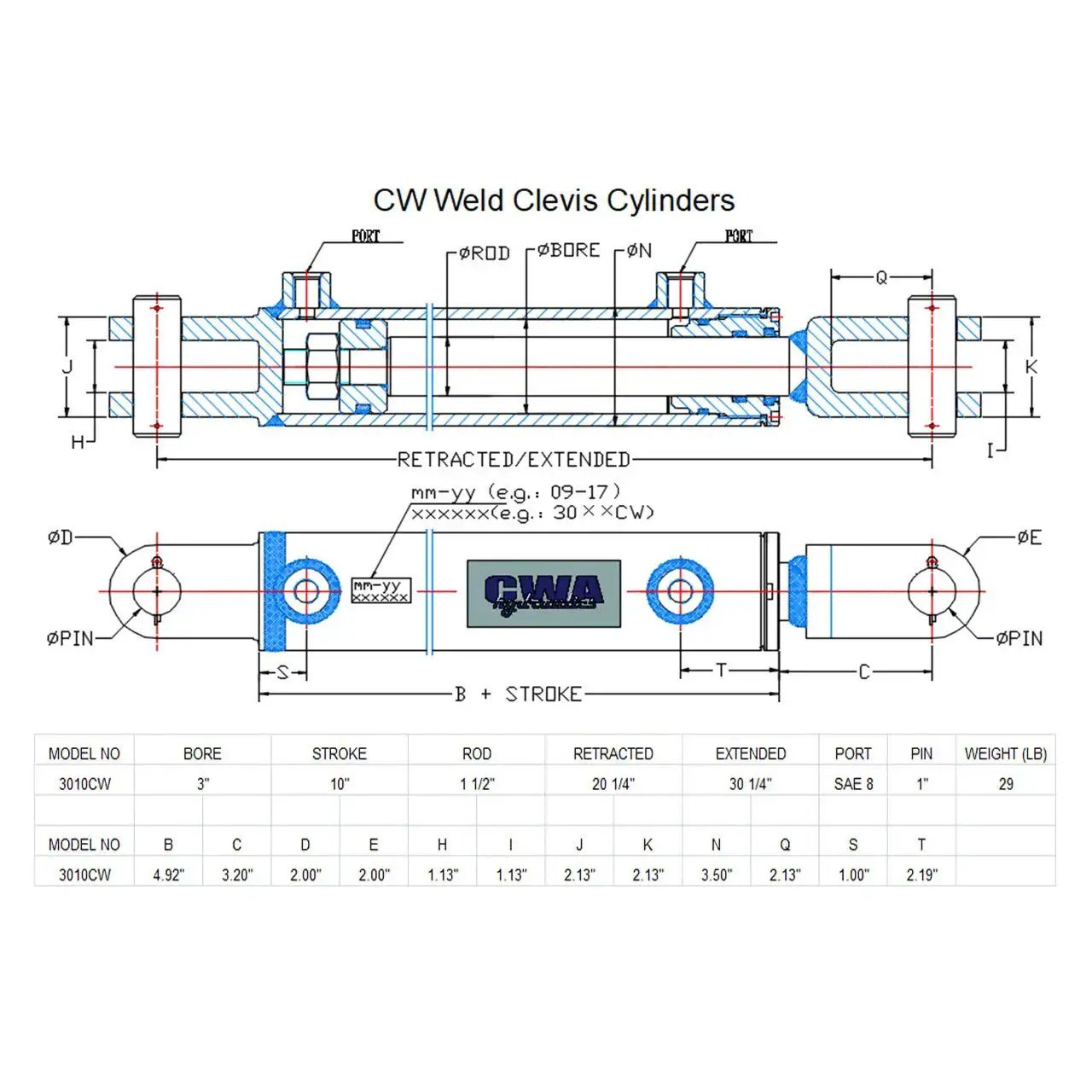 Technical diagram of Clevis Weld Hydraulic Cylinder 3 Inch Bore 10 Inch Stroke SAE 8 Port 3000 PSI, showing dimensions and specs.