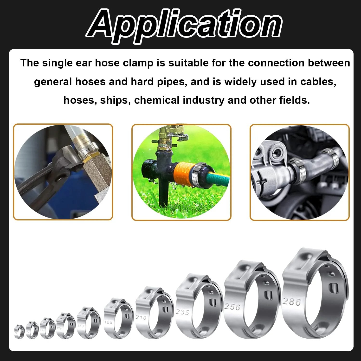 75 Pcs 8 Sizes 304 Stainless Steel Single Ear Hose Clamps Crimp Stepless Assortment Kit For Automotive And Home Appliances Water Pipes And Fuel Lines With Carry Case 6 To 23.5mm Range Fits 6 To 7mm Up To 20.3 To 23.5mm DIY Friendly Garage Ready in various applications