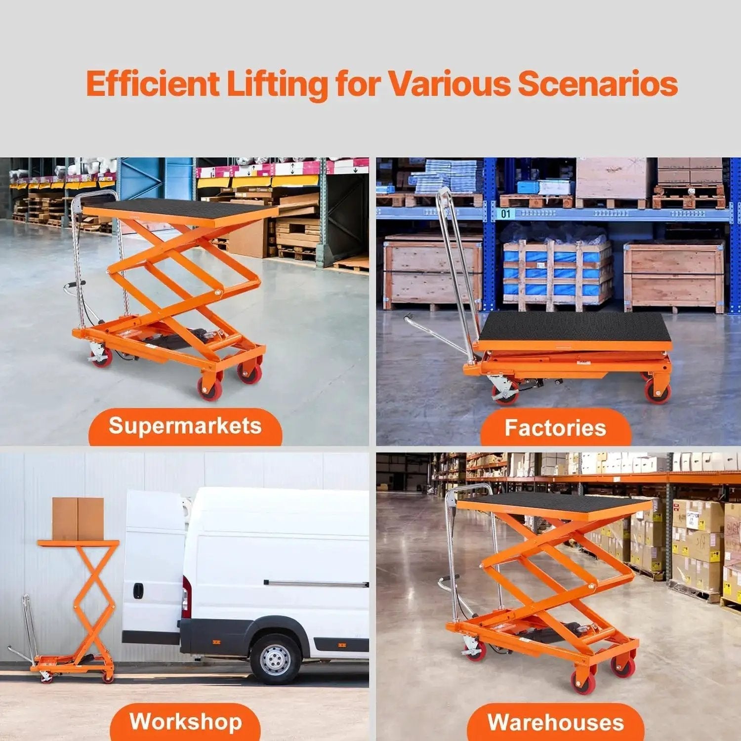 Manual Hydraulic Lift Table Cart 330lb Capacity 50in Lift With 4 Wheels shown in multiple environments: supermarkets, factories, workshops, warehouses.