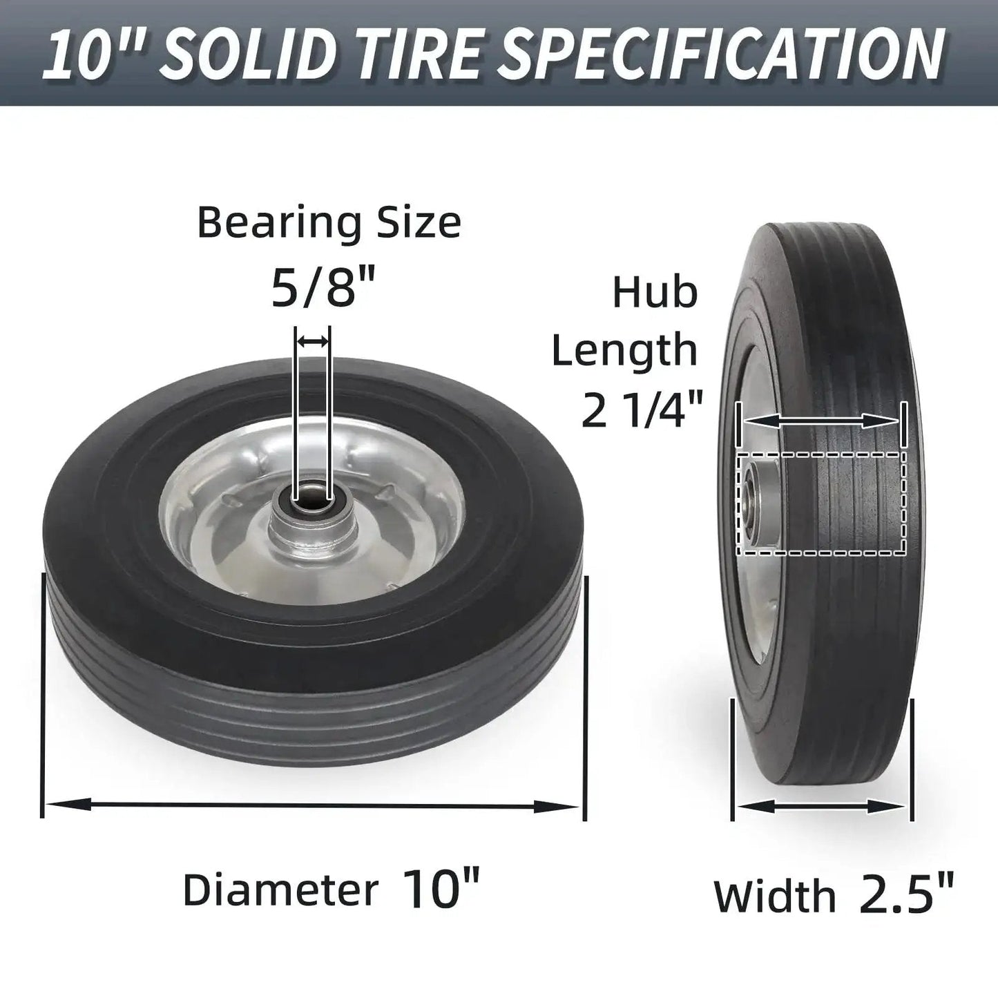 Diagram of 10 Inch By 2.5 Inch Flat Free Solid Rubber Tire With 5/8 Inch Axle Bore Hole And 2 1/4 Inch Hub Replacement Wheel