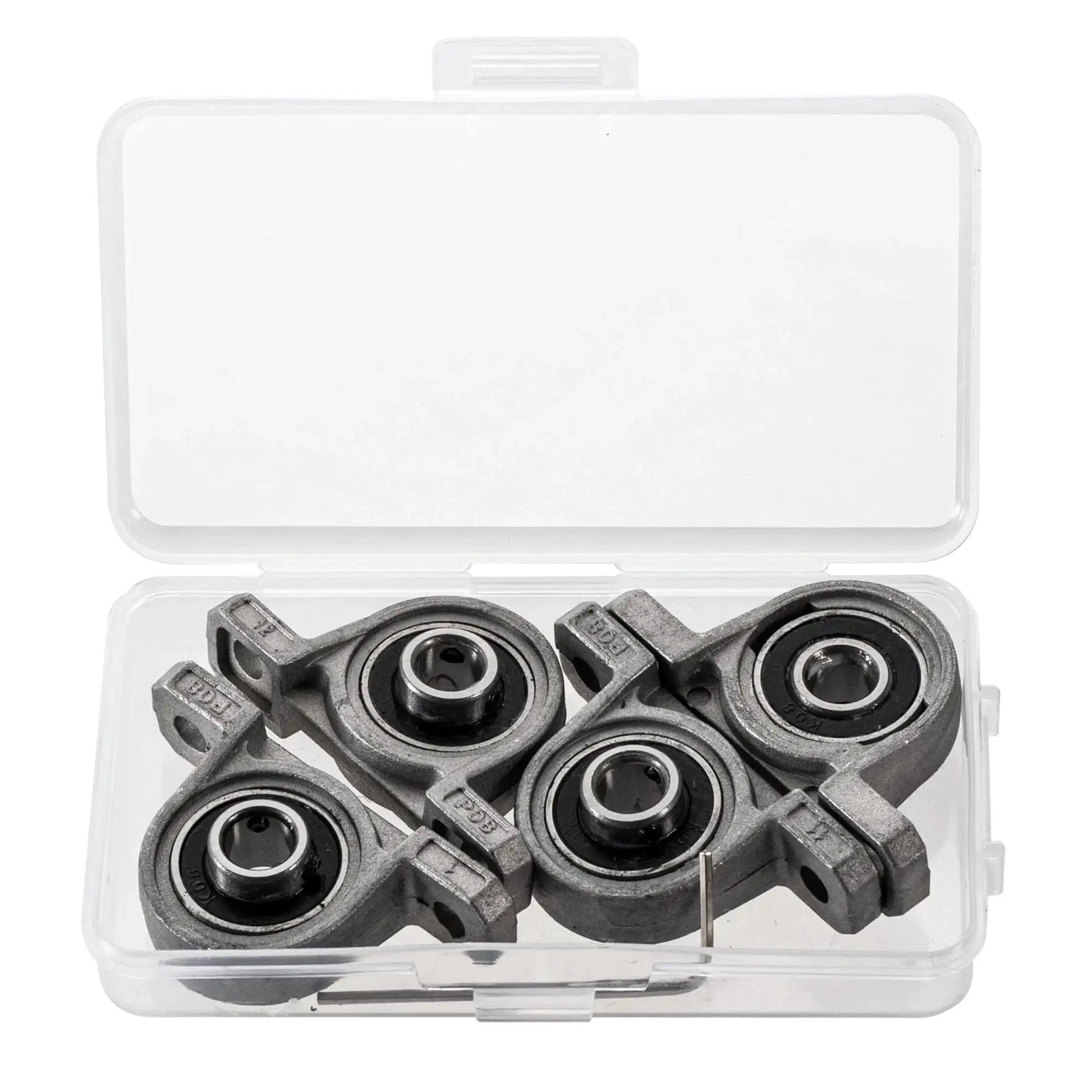 Four Piece 8 Mm Bore Ball Mounted Pillow Block Insert Bearings Set In Zinc Alloy For Machinery And Diy Projects in packaging