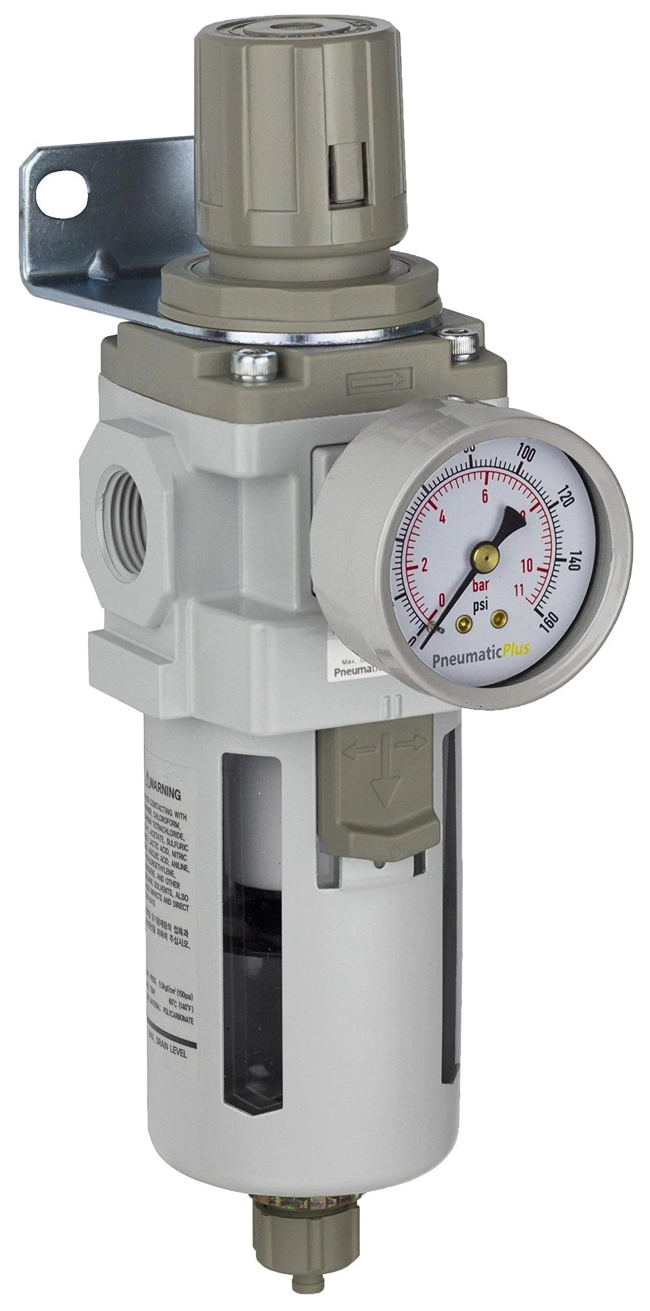 Side view of All In One One Half NPT Compressed Air Filter Regulator Piggyback Combo with gauge and manual drain.