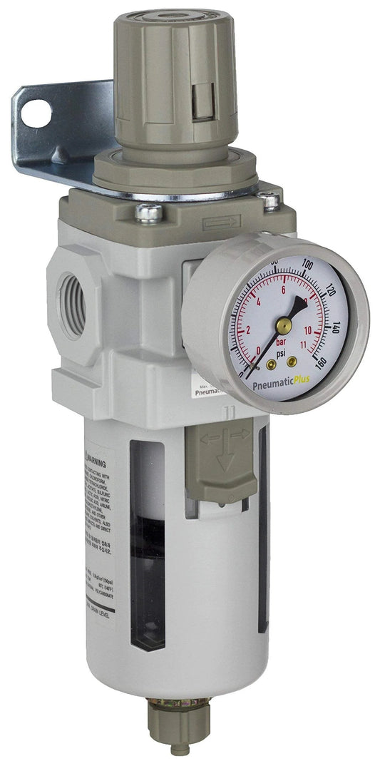 Side view of All In One One Half NPT Compressed Air Filter Regulator Piggyback Combo with gauge and manual drain.