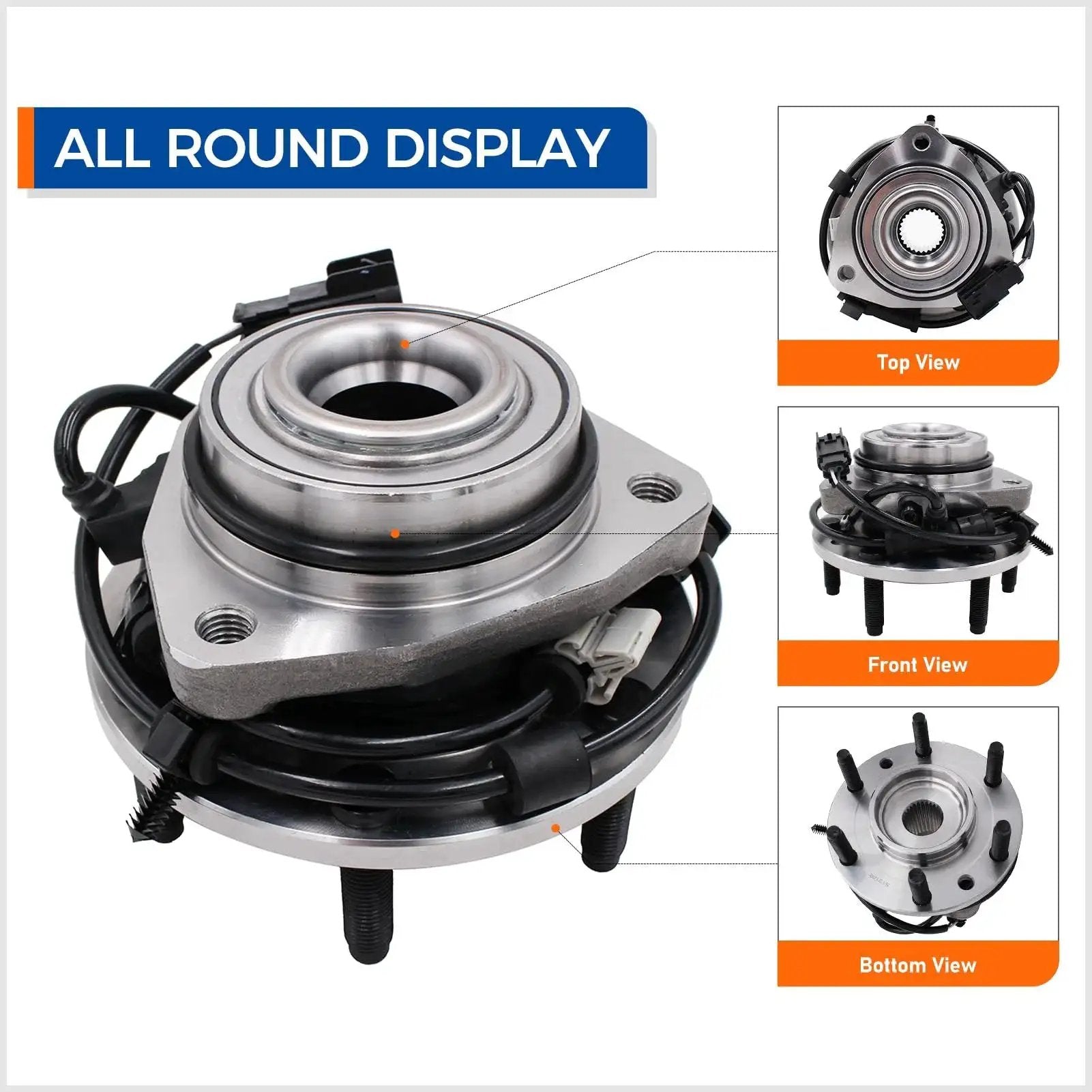 Front Wheel Hub Bearing Assembly 6 Lug With ABS Direct Fit Replacement For 02-09 Chevy Trailblazer And GMC Envoy, multiple views displayed.
