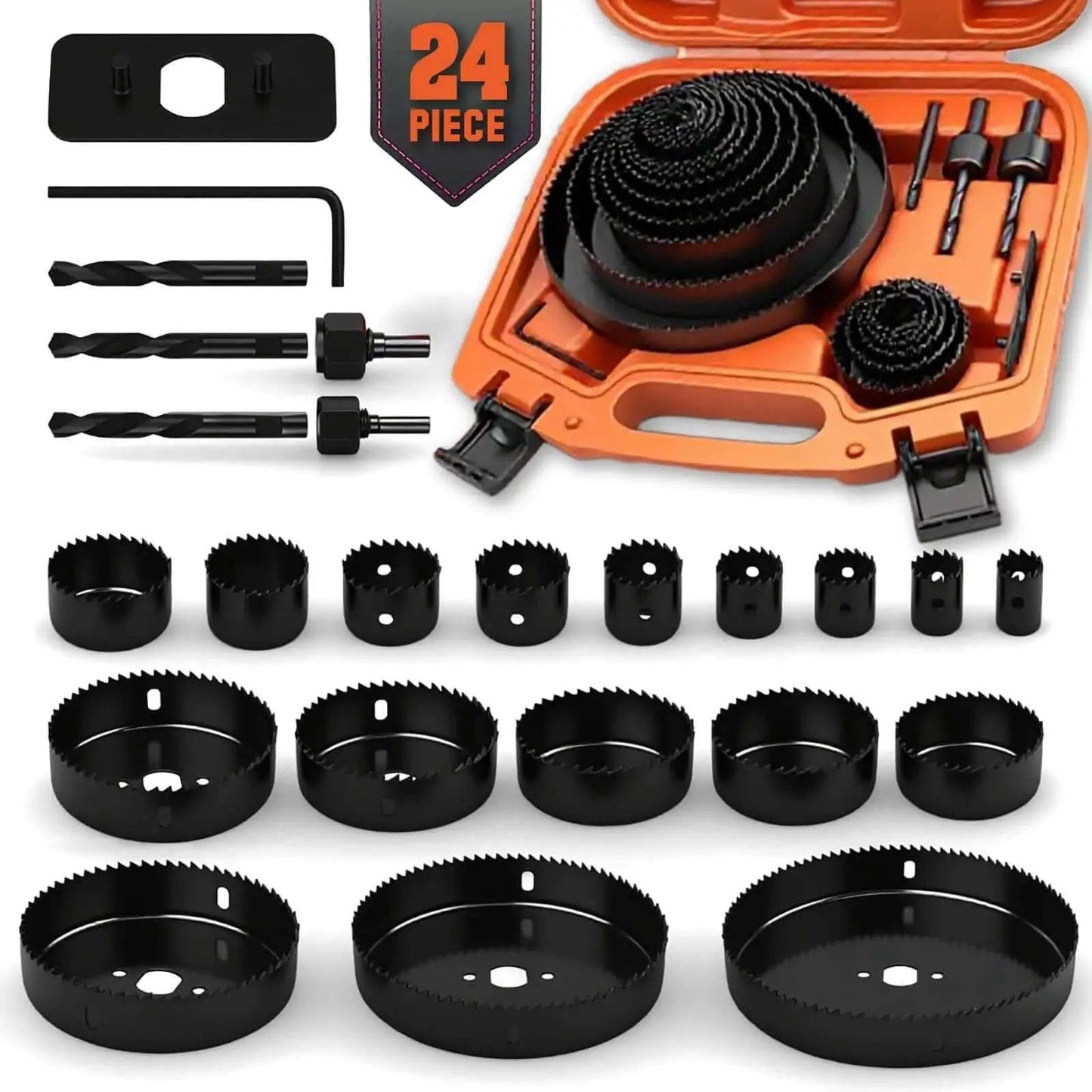 Complete 24 Piece Hole Saw Kit With 17 Blades 2 Mandrels 3 Drill Bits And Installation Plate for drywall, wood, plastic, PVC