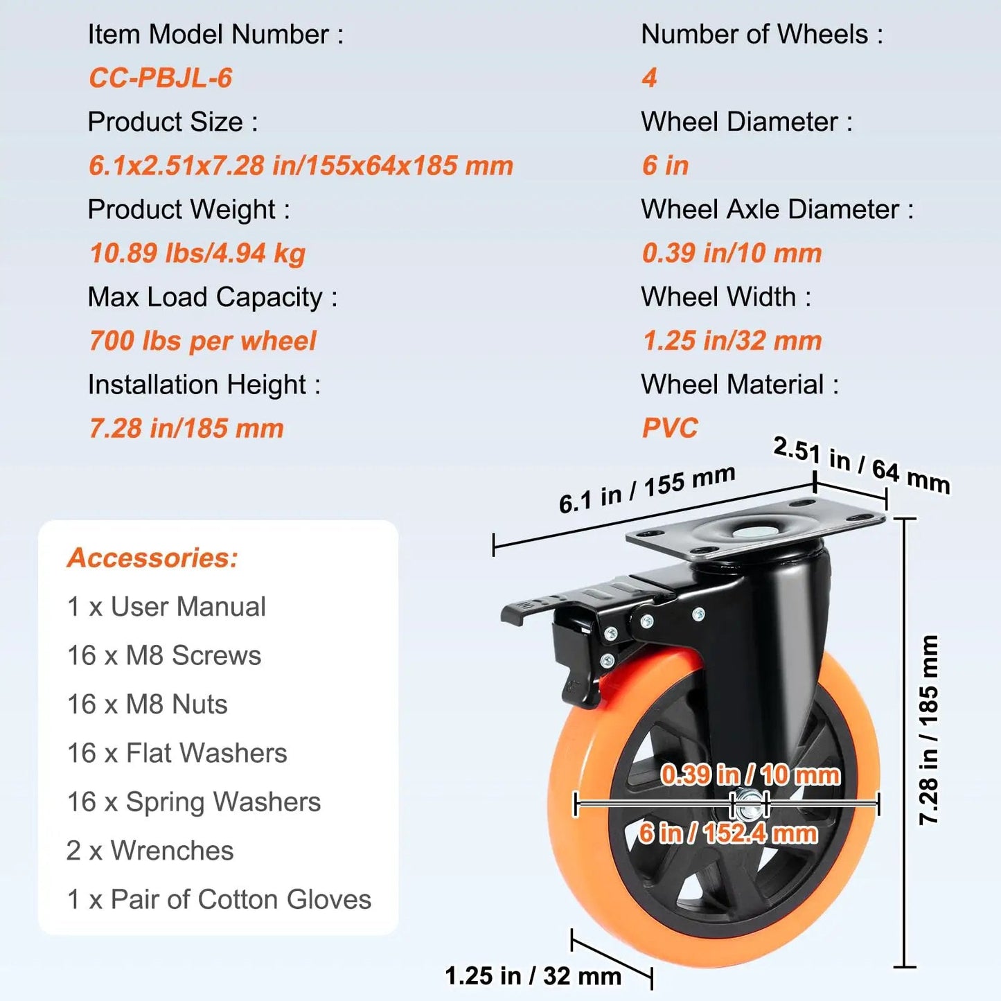 Diagram of Six Inch Swivel Plate Caster Wheels Set Of Four With AB Locking, PVC material, dimensions, and accessories shown.