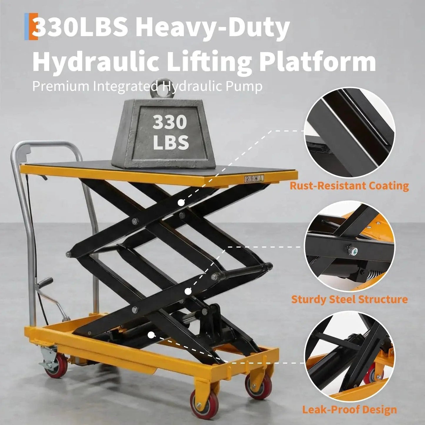 Hydraulic Lift Table Cart 330 Lb Capacity 50 Inch Lift Manual Scissor 4 Wheels in warehouse setting, highlighting rust-resistant coating.