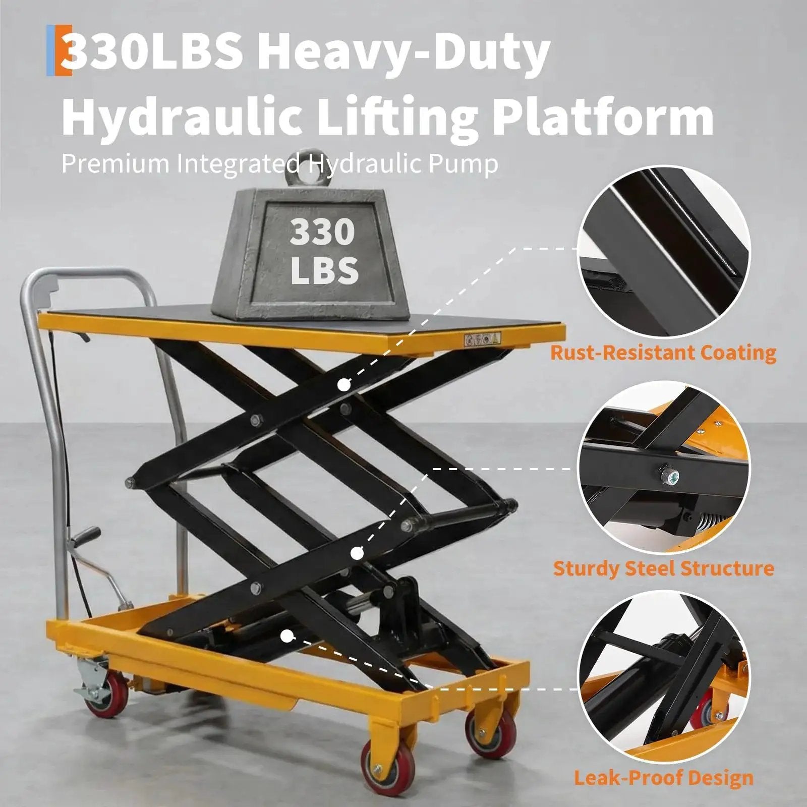 Hydraulic Lift Table Cart 330 Lb Capacity 50 Inch Lift Manual Scissor 4 Wheels in warehouse setting, highlighting rust-resistant coating.