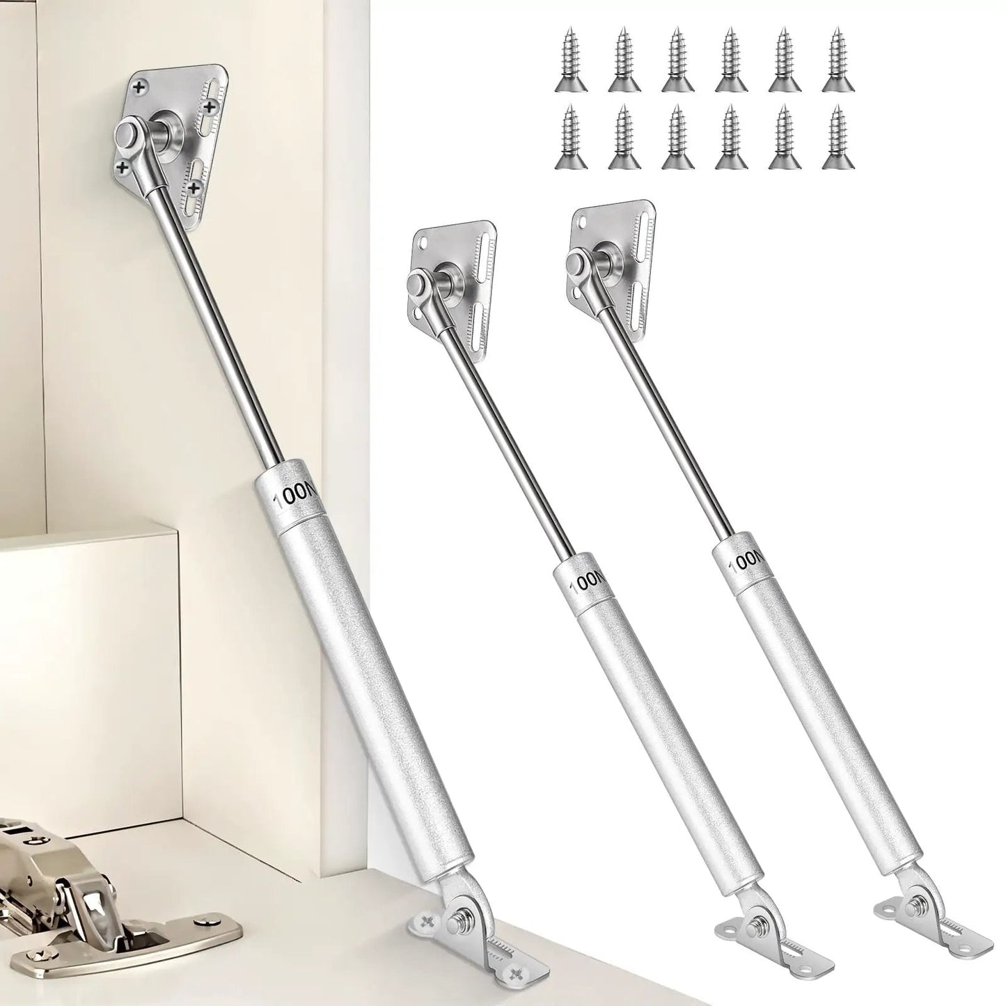Heavy Duty Gas Struts 150N 33LBS For Drop Down Doors And Loft Hatch Soft Close Pneumatic Lift Spring shown installed in cabinet