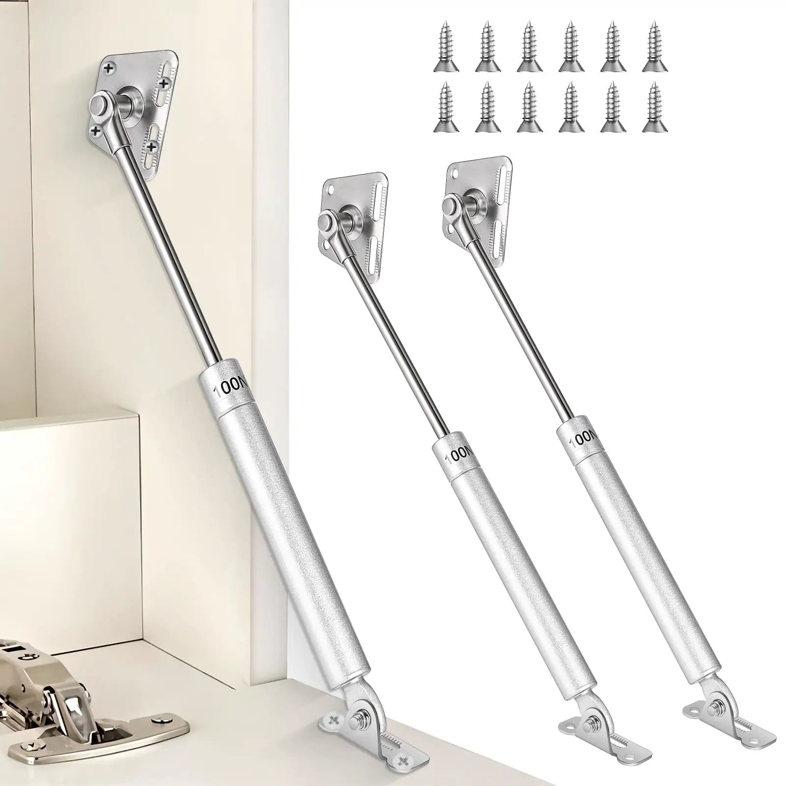 Heavy Duty Gas Struts 150N 33LBS For Drop Down Doors And Loft Hatch Soft Close Pneumatic Lift Spring shown installed in cabinet