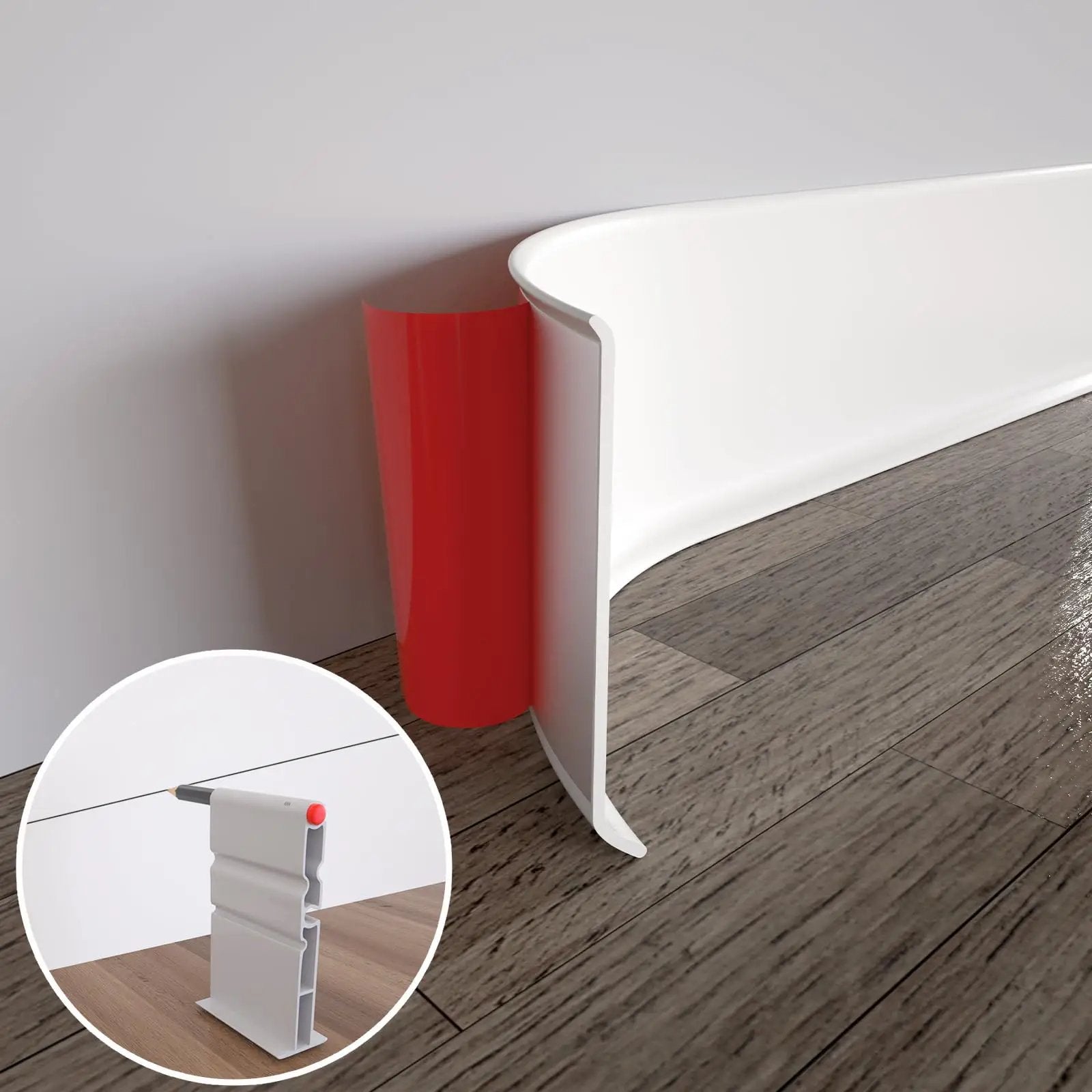 Self Adhesive Vinyl Wall Base Molding 4 Inch Wide 20 Feet White Peel And Stick Cove Base No Glue Needed Easy Install Durable Vinyl Trim COUKIU shown installed on wall with red backing visible.