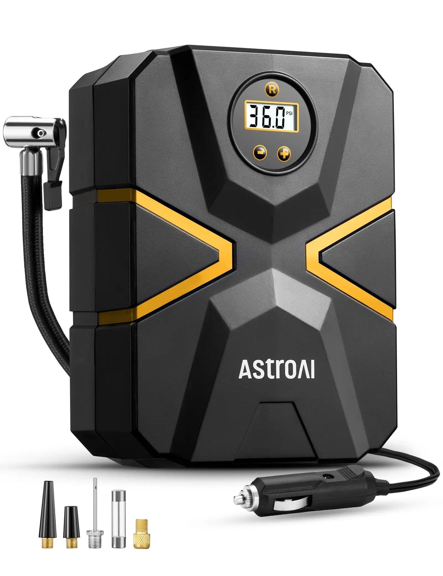 Portable Tire Inflator With Digital Display And Auto Shutoff 12V DC Car Air Pump 150 PSI Preset Pressure For Cars Bikes Motorcycles Inflatables And More, black unit with display and accessories.