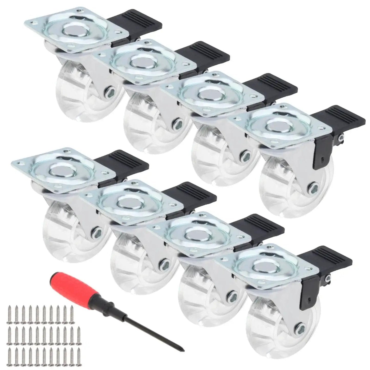 Crystal Clear 2 Inch Caster Wheels Set Of 8 With Brakes For Carts Cabinets Dressers And Benches 360 Degree Top Plate No Noise Locking Casters