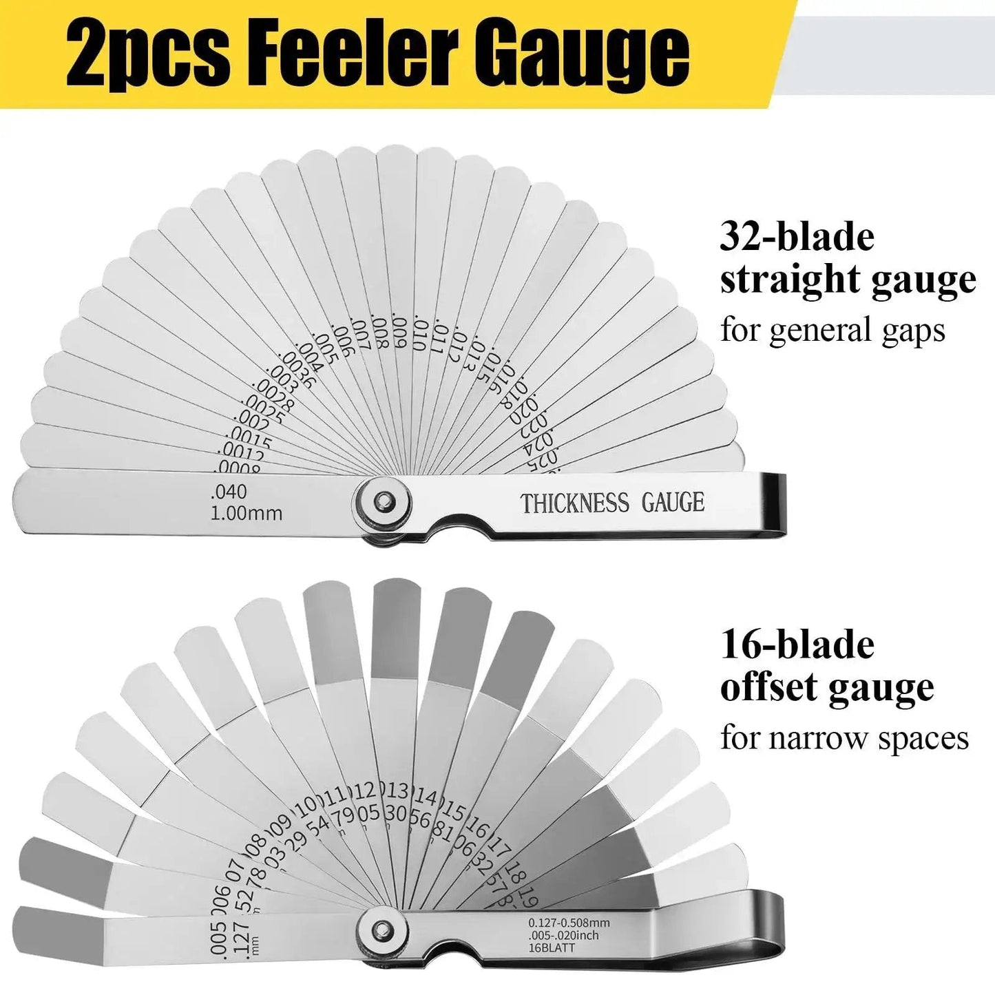 Feeler Gauge Set Stainless Steel Two Piece Pro Grade With Thirty Two Straight Blades And Sixteen Angled Blades Dual Marked SAE And Metric