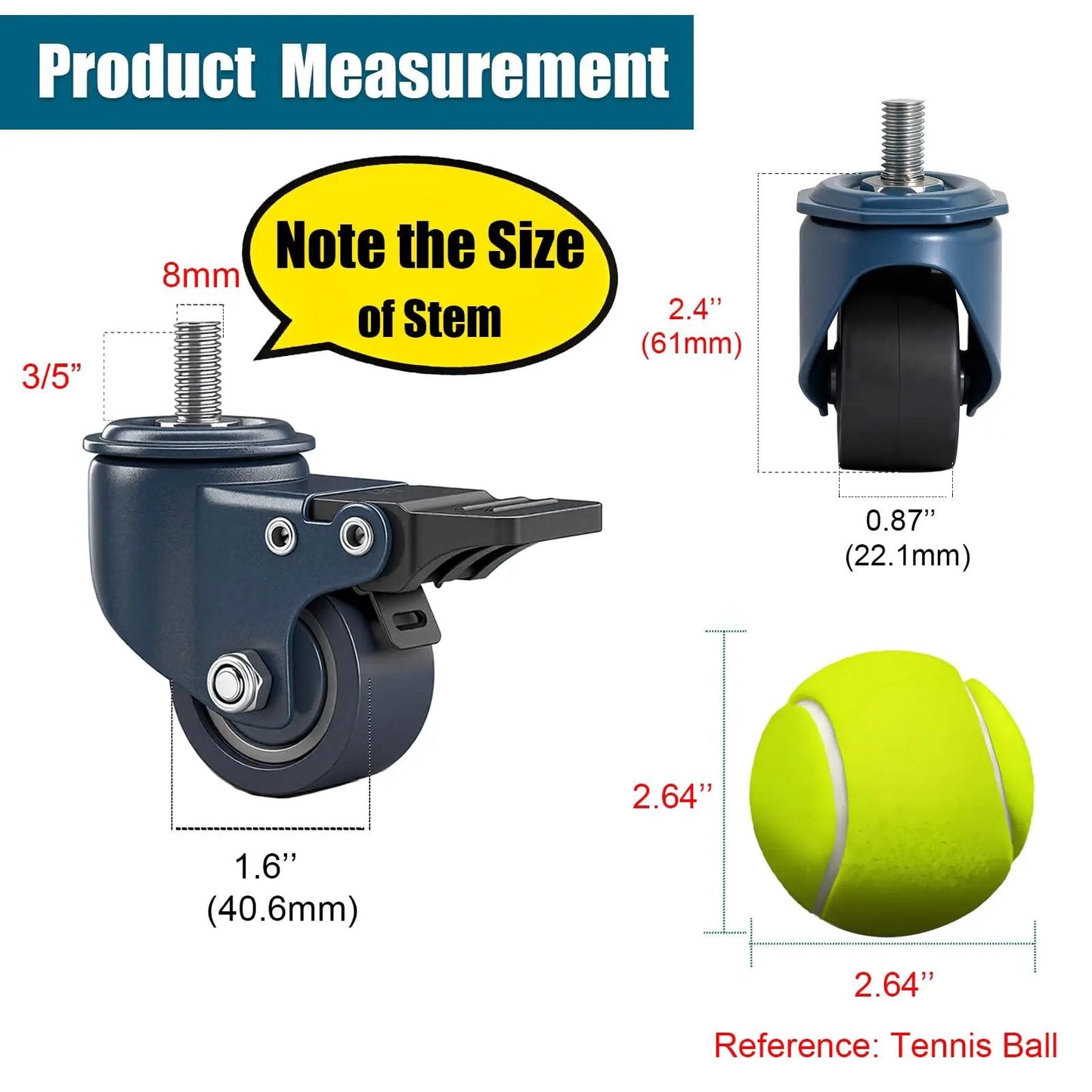 Heavy Duty M8 1.25 Threaded Stem Caster Wheels Set Of 4 1.6 Inch Swivel PU Castors With Locking Brake, size comparison with tennis ball.