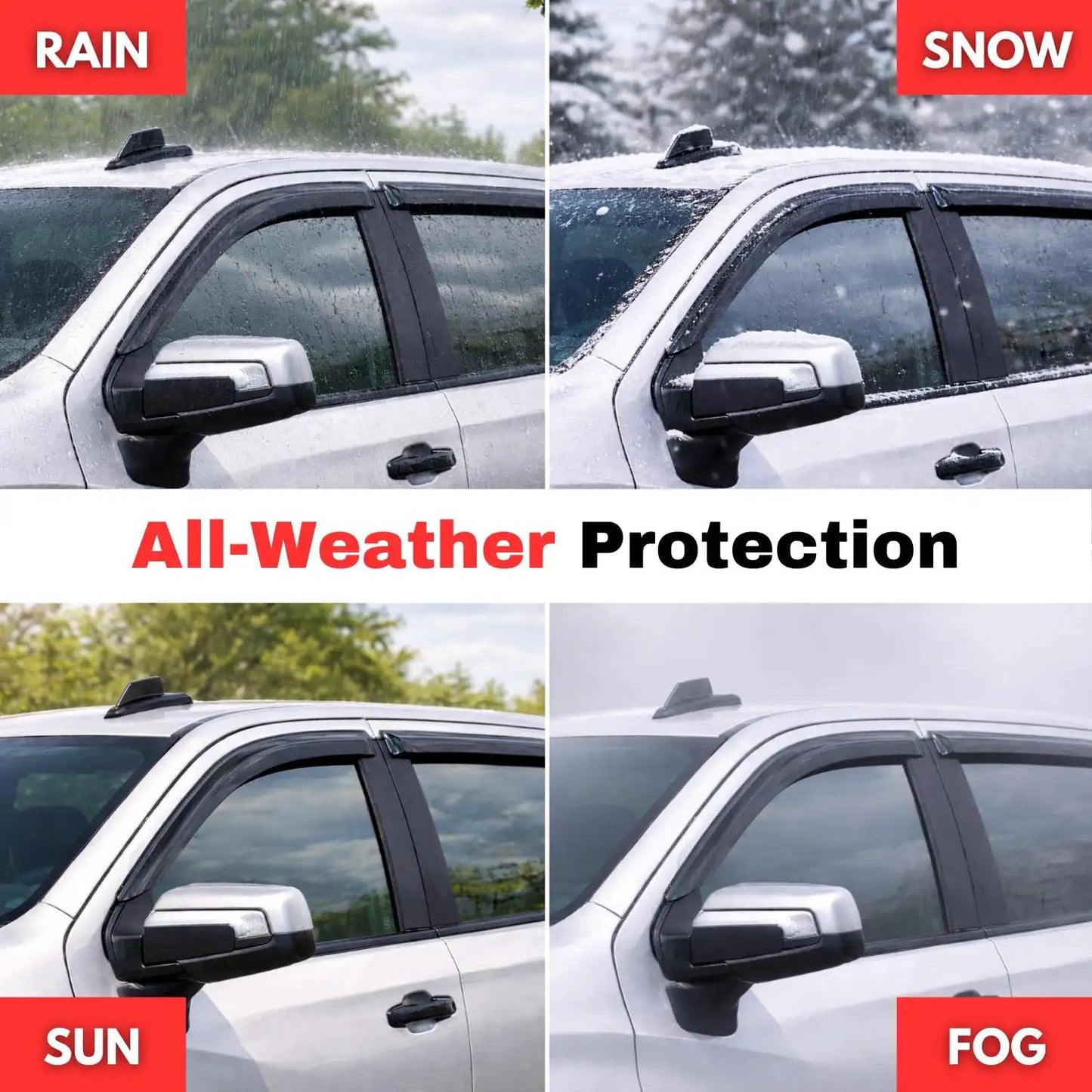 Out Channel Rain Guards Window Visors Vent Deflectors For RAM Trucks 2009 2018 RAM 1500 Crew Cab 4 Piece in various weather conditions.