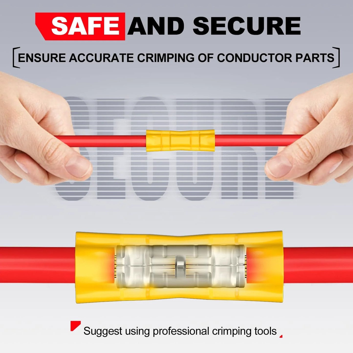 Hands holding UL Listed 200 Piece Wire Butt Splice Connectors Kit For 22 To 10 AWG Electrical Crimp Terminals in use