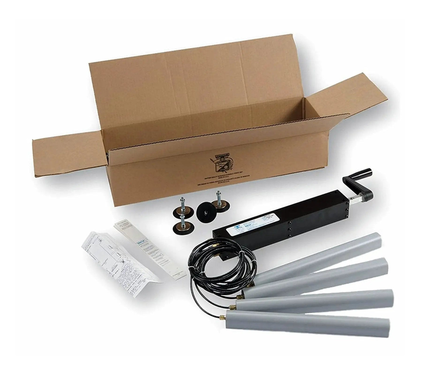 Hydraulic Lift Kit For Workbench With 1000 Lb Capacity And 6 In Stroke, components laid out with box, cables, and mounting hardware