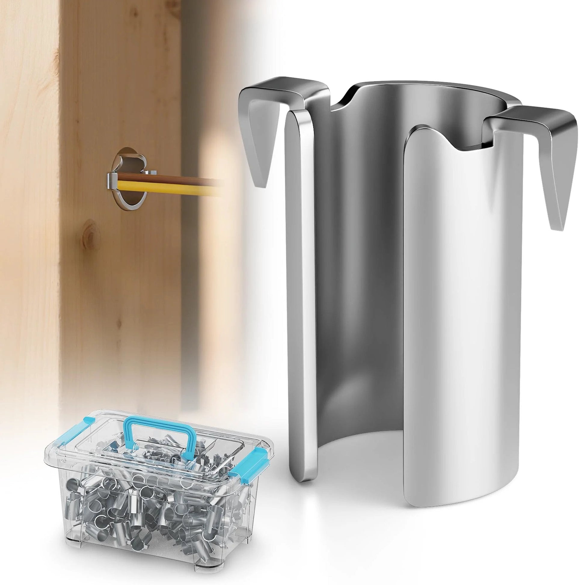Smart Shield Nail Guards For Wire And Cable Protection 100 Pack, showing galvanized steel guards, electrical wiring in wood.