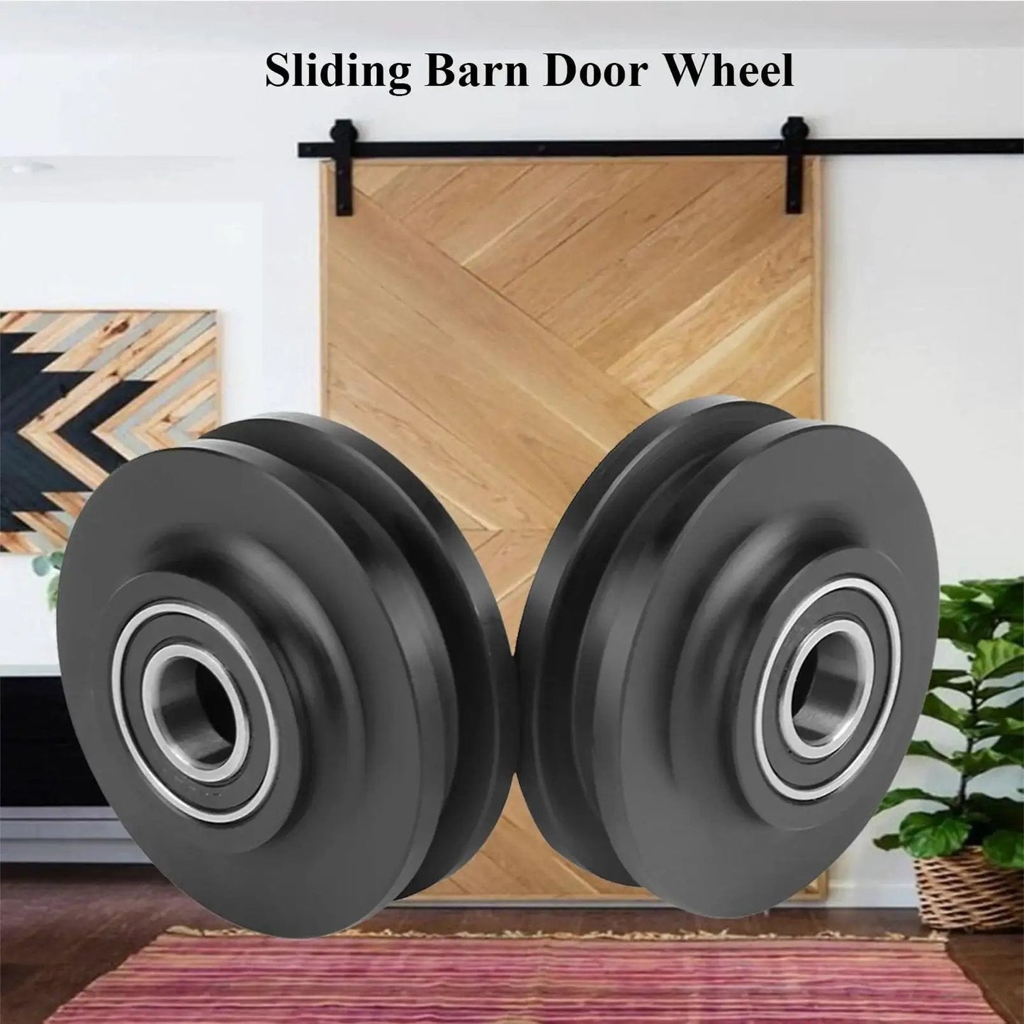 Heavy Duty Sliding Barn Door Wheel Set for Cabinets and Windows, Quiet Smooth Roller Pulleys in living room setting