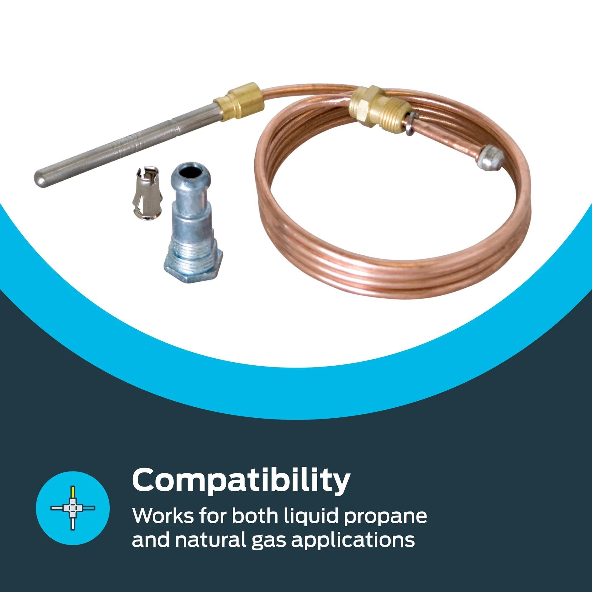 18 Inch Gas Thermocouple With Stainless Steel Head For Water Heaters Copper Core Sensor For Reliable Flame Sensing And Easy Installation Plug And Play Ready Durable Replacement Part Eastman 60035 shown with adapters on blue background